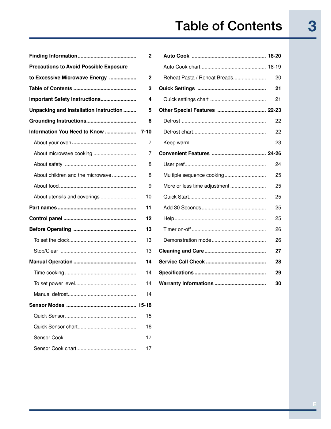 Electrolux TINSEB488MRR0, EI30MO45GS, EI7MO45GS manual Table of Contents 