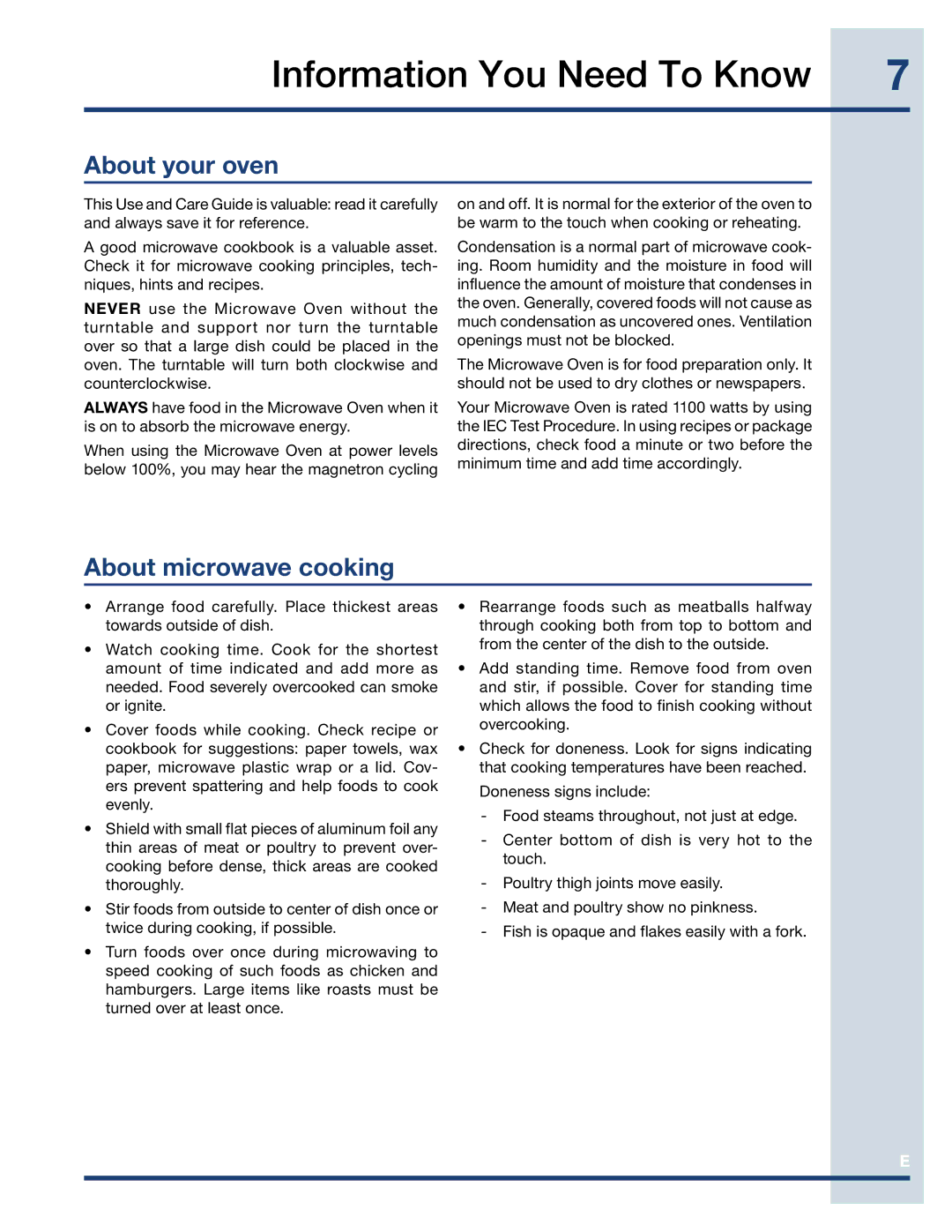 Electrolux EI30MO45GS, TINSEB488MRR0, EI7MO45GS manual Information You Need To Know, About your oven, About microwave cooking 