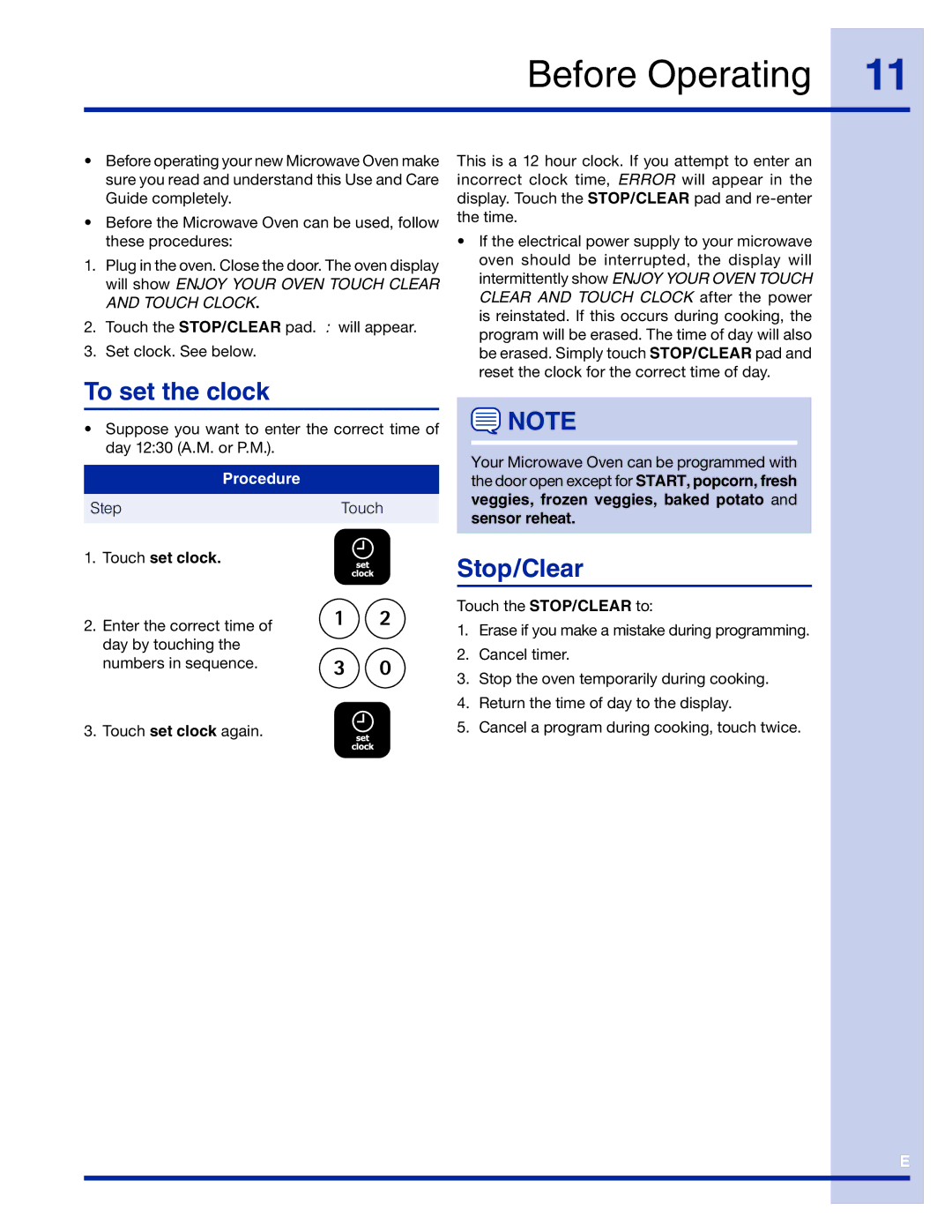 Electrolux TINSEB491MRR0 manual Before Operating, To set the clock, Stop/Clear, Procedure, Touch set clock 