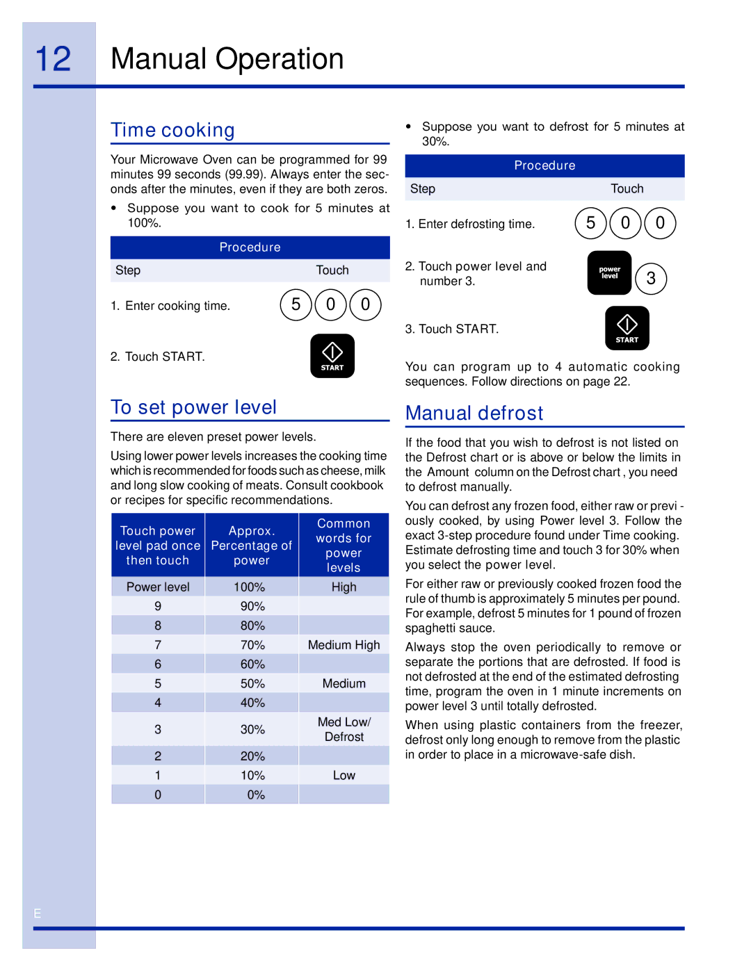 Electrolux TINSEB491MRR0 manual Manual Operation, Time cooking, To set power level, Manual defrost 