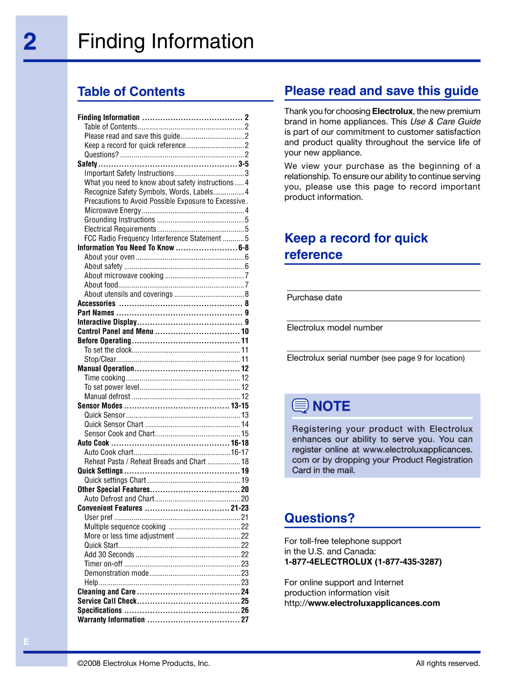 Electrolux TINSEB491MRR0 manual Finding Information, Table of Contents 