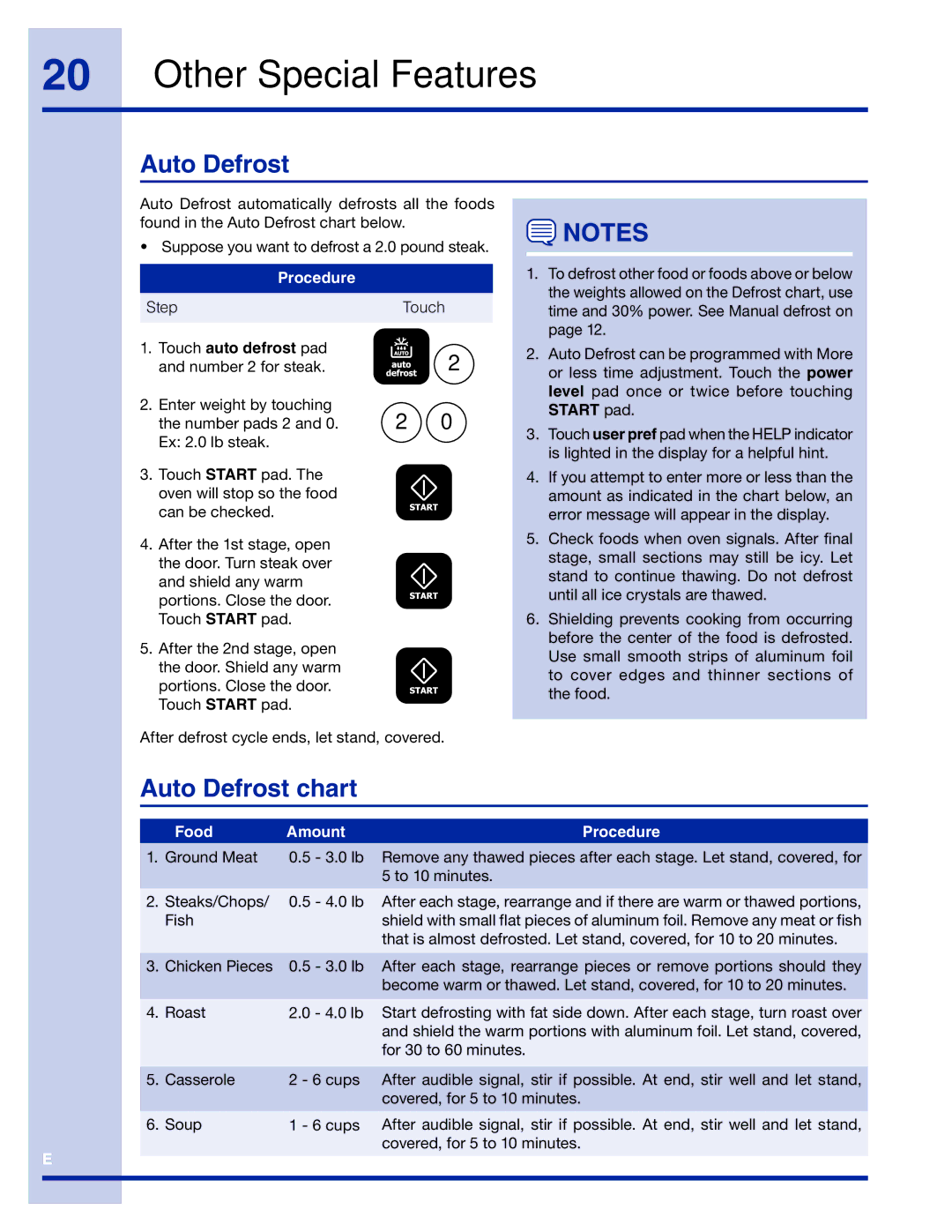 Electrolux TINSEB491MRR0 manual Other Special Features, Auto Defrost chart, Touch auto defrost pad, Start pad 