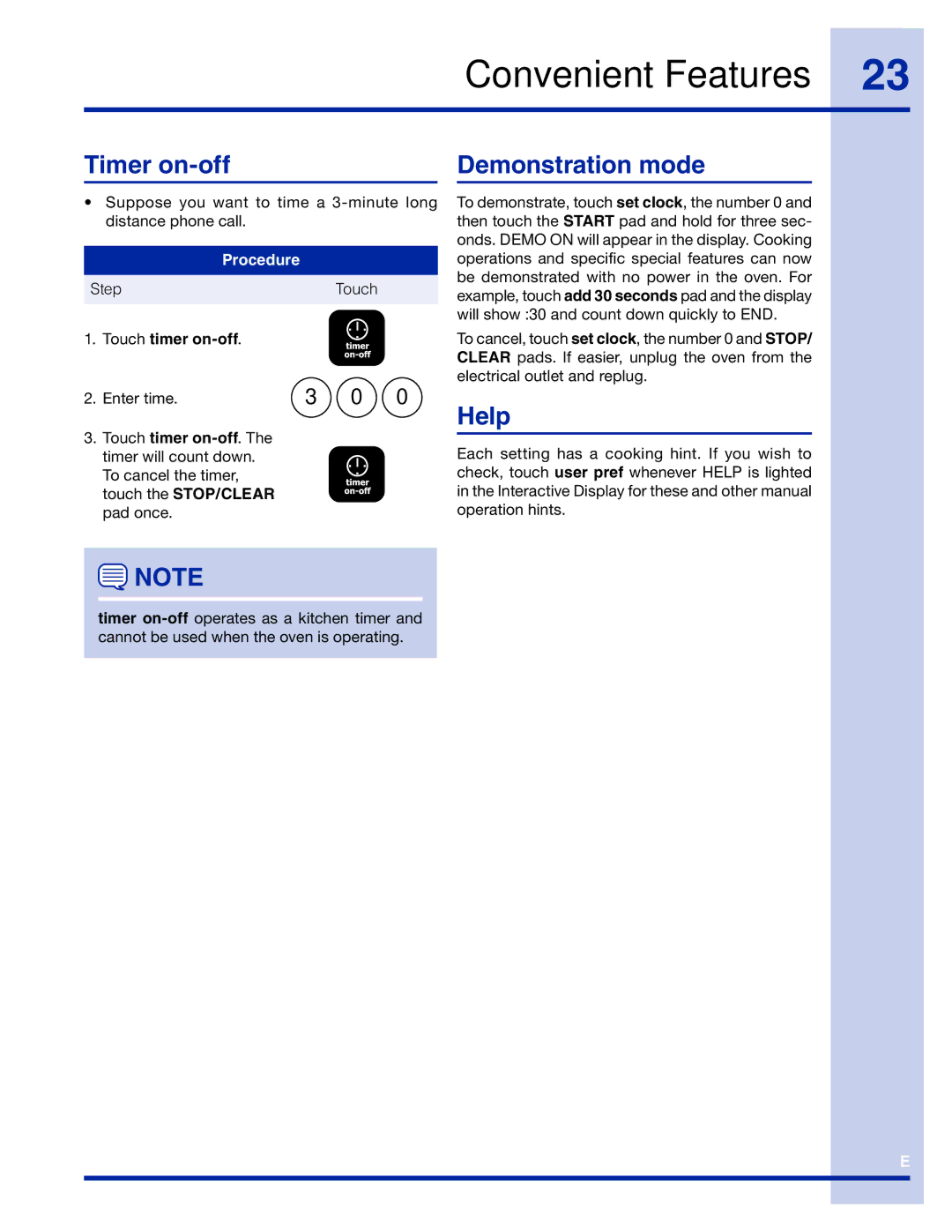 Electrolux TINSEB491MRR0 manual Timer on-off, Demonstration mode, Help, Touch timer on-off, Touch the STOP/CLEAR pad once 