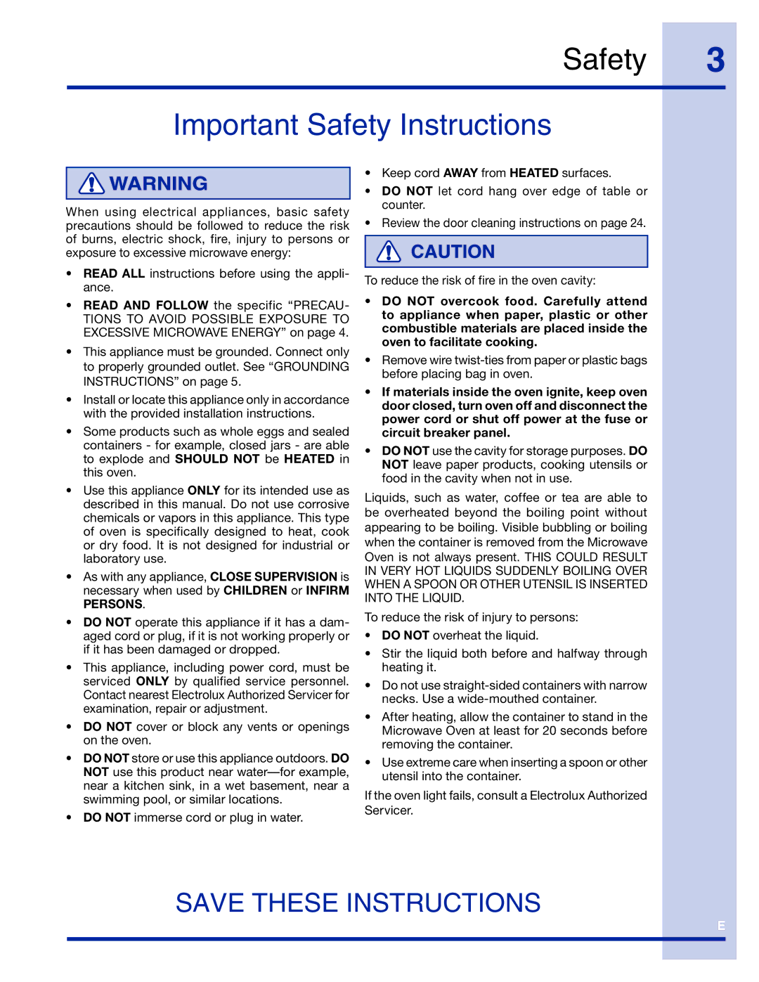 Electrolux TINSEB491MRR0 manual Important Safety Instructions 