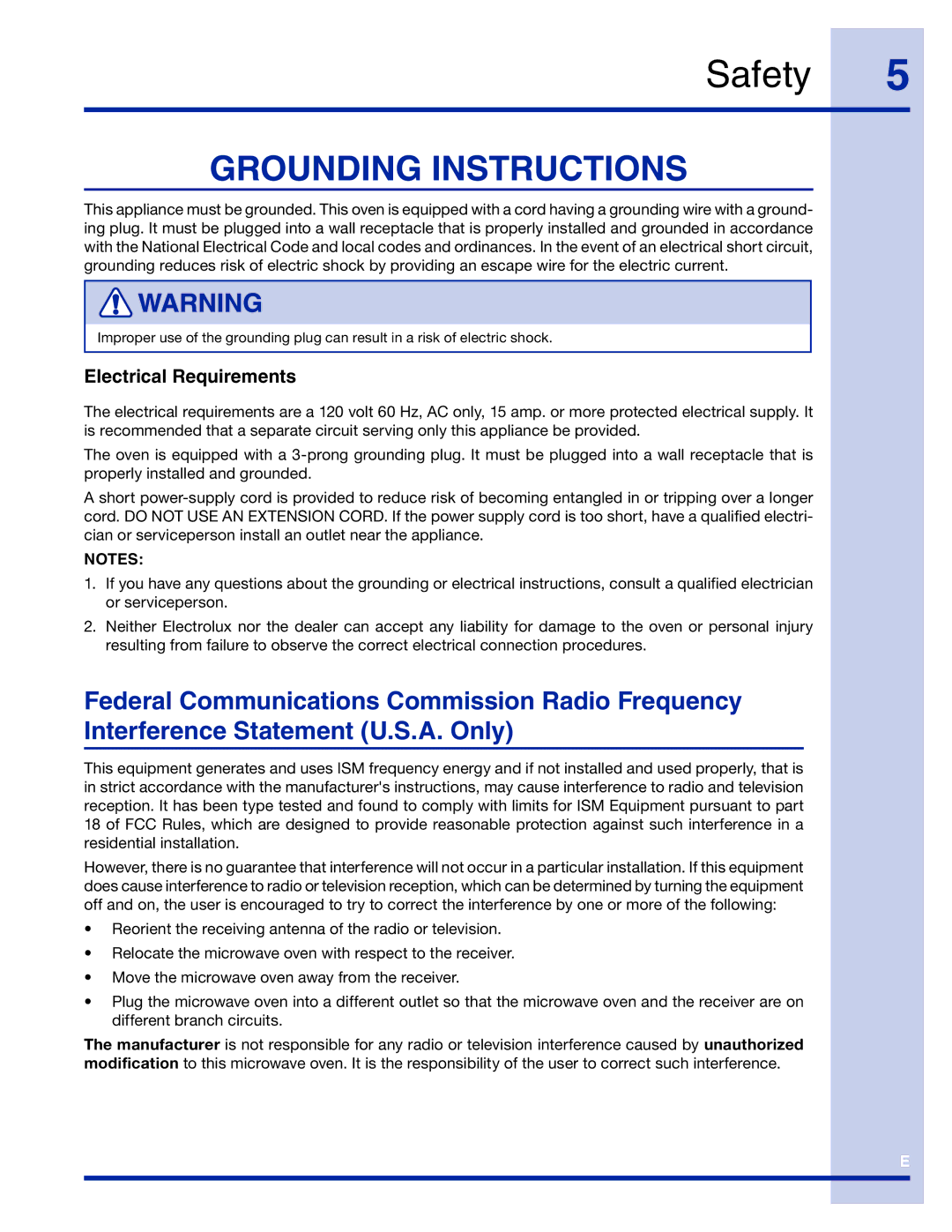 Electrolux TINSEB491MRR0 manual Grounding Instructions, Electrical Requirements 