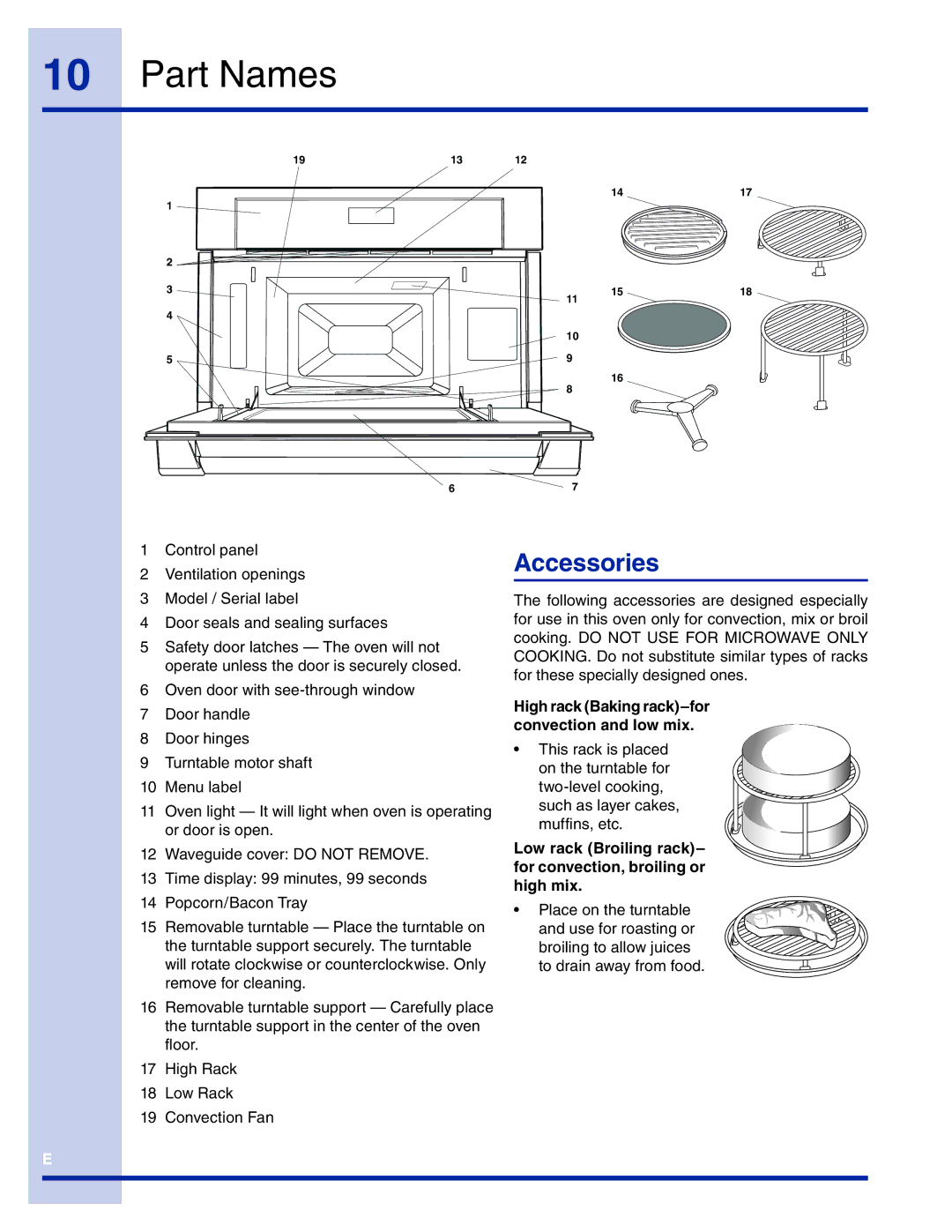 Electrolux TINSEB493MRR1 manual Part Names, Accessories, High rack Baking rack-for convection and low mix 