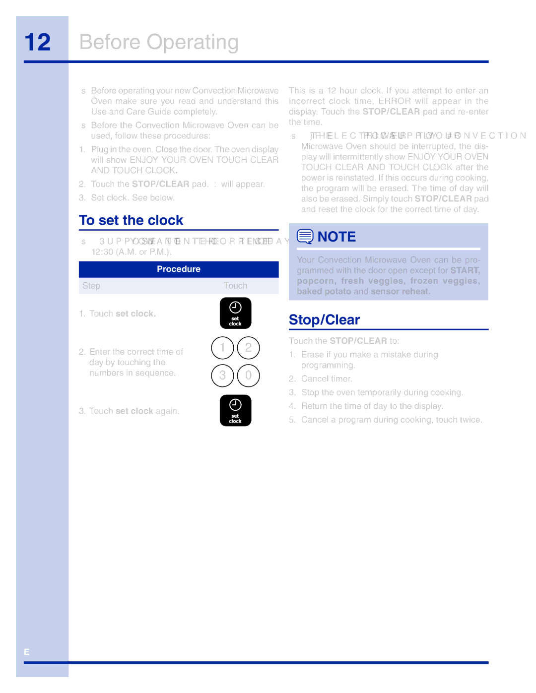 Electrolux TINSEB493MRR1 manual Before Operating, To set the clock, Stop/Clear, Procedure, Touch set clock 