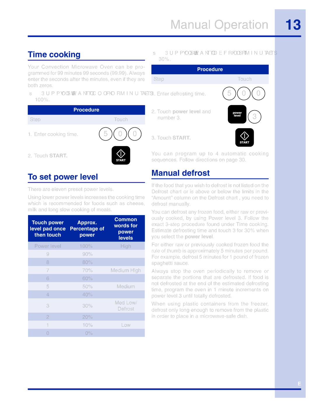 Electrolux TINSEB493MRR1 manual Manual Operation, Time cooking, To set power level, Manual defrost 