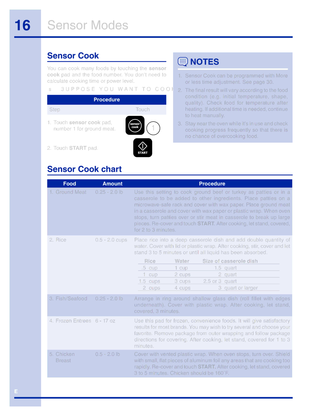 Electrolux TINSEB493MRR1 manual Sensor Cook chart, Touch sensor cook pad, Rice Water Size of casserole dish 