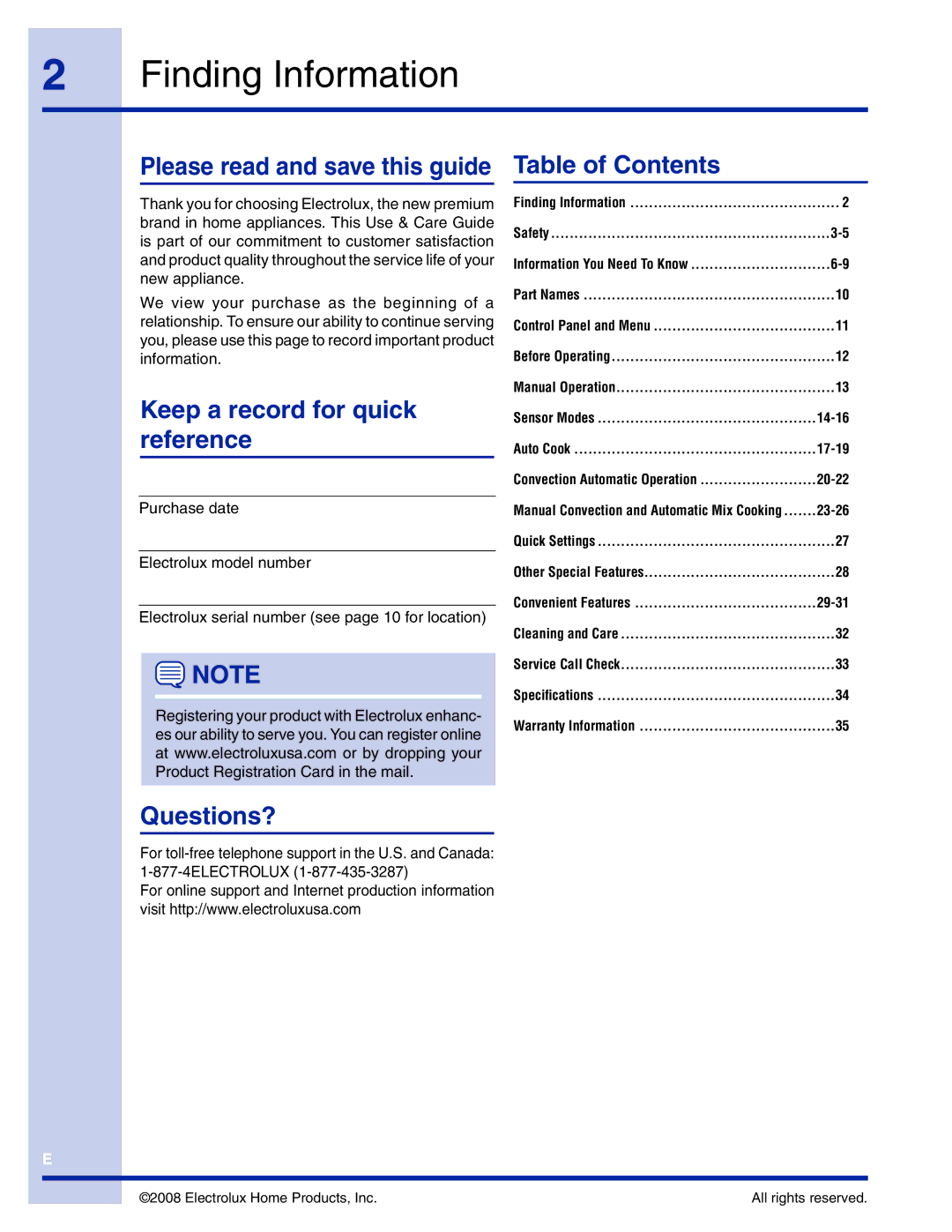 Electrolux TINSEB493MRR1 manual Finding Information, Please read and save this guide Table of Contents, Questions? 