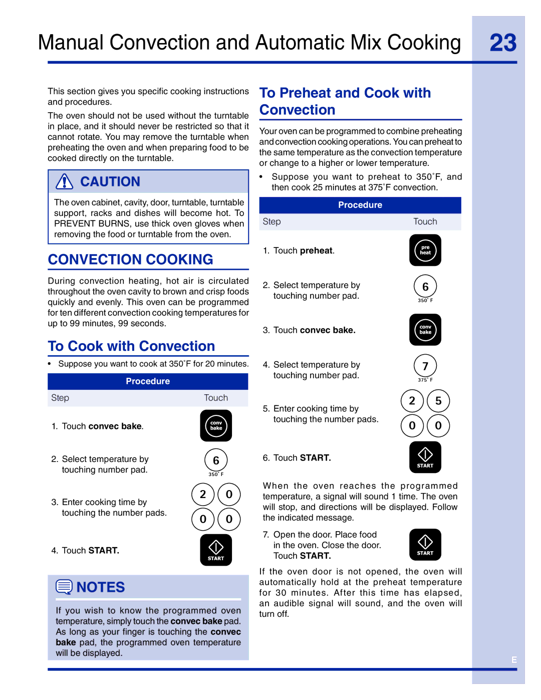 Electrolux TINSEB493MRR1 manual Manual Convection and Automatic Mix Cooking, Convection Cooking, Touch convec bake 