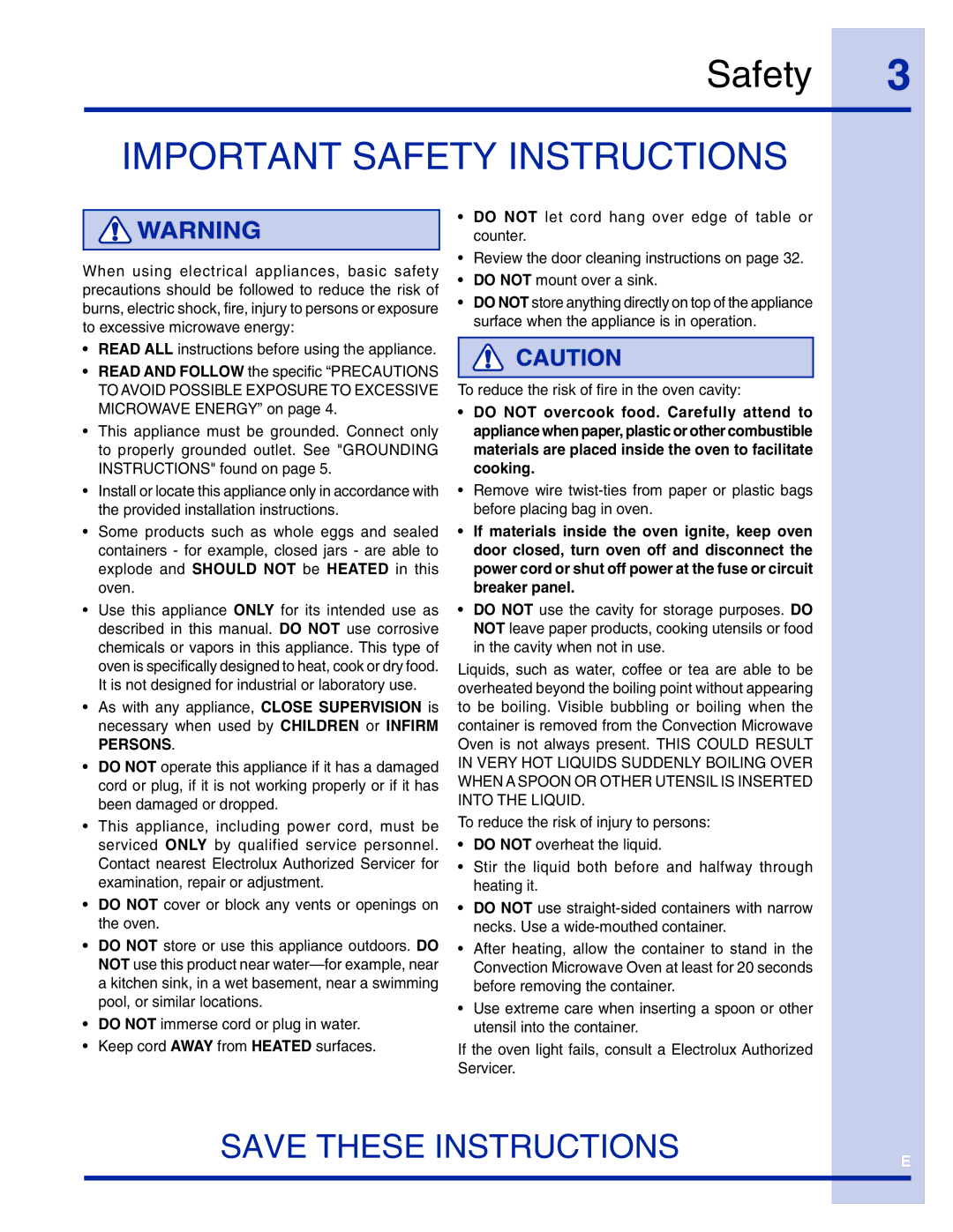 Electrolux TINSEB493MRR1 manual Important Safety Instructions 