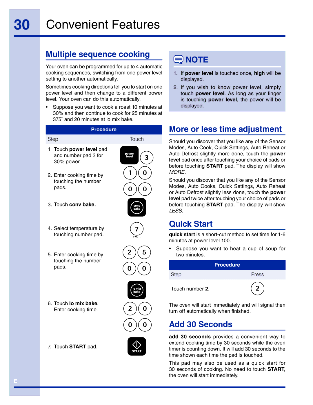 Electrolux TINSEB493MRR1 manual Multiple sequence cooking, More or less time adjustment, Quick Start, Add 30 Seconds 
