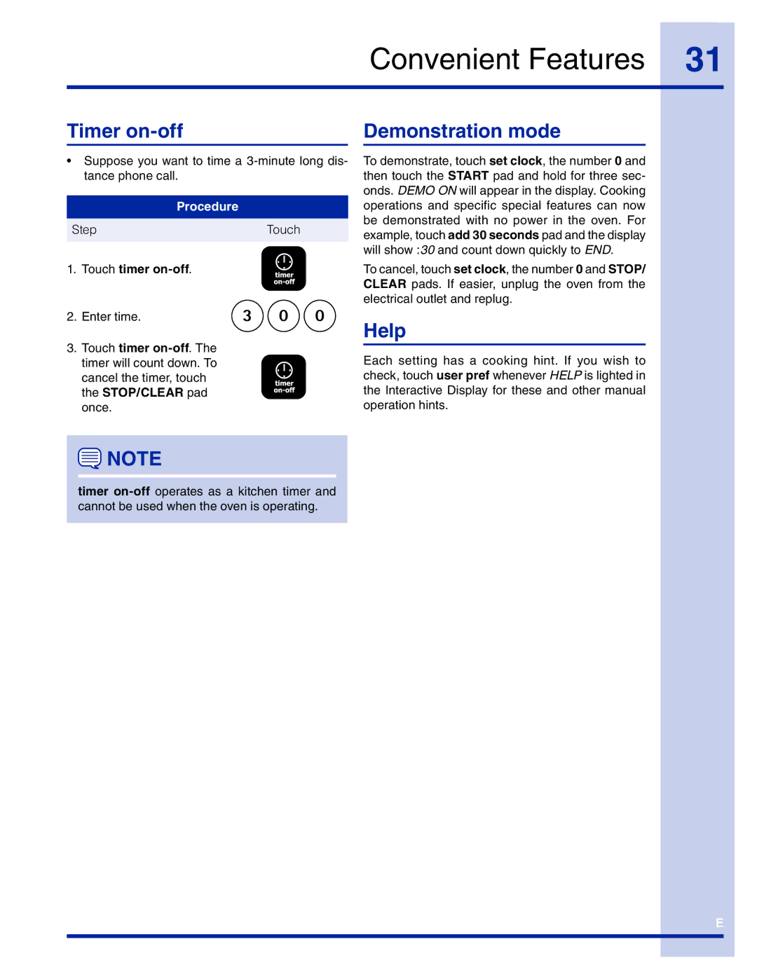 Electrolux TINSEB493MRR1 manual Timer on-off, Demonstration mode, Help, Touch timer on-off, STOP/CLEAR pad once 