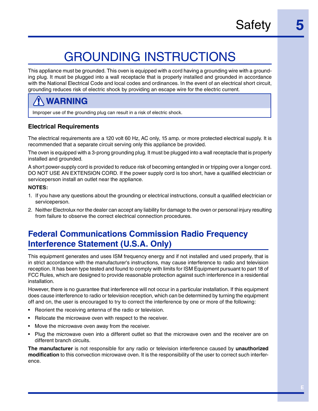 Electrolux TINSEB493MRR1 manual Grounding Instructions 