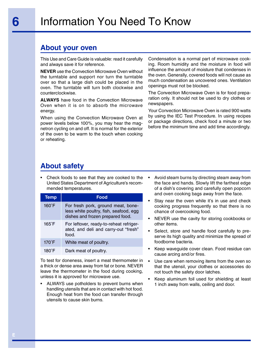 Electrolux TINSEB493MRR1 manual Information You Need To Know, About your oven, About safety, Temp Food 