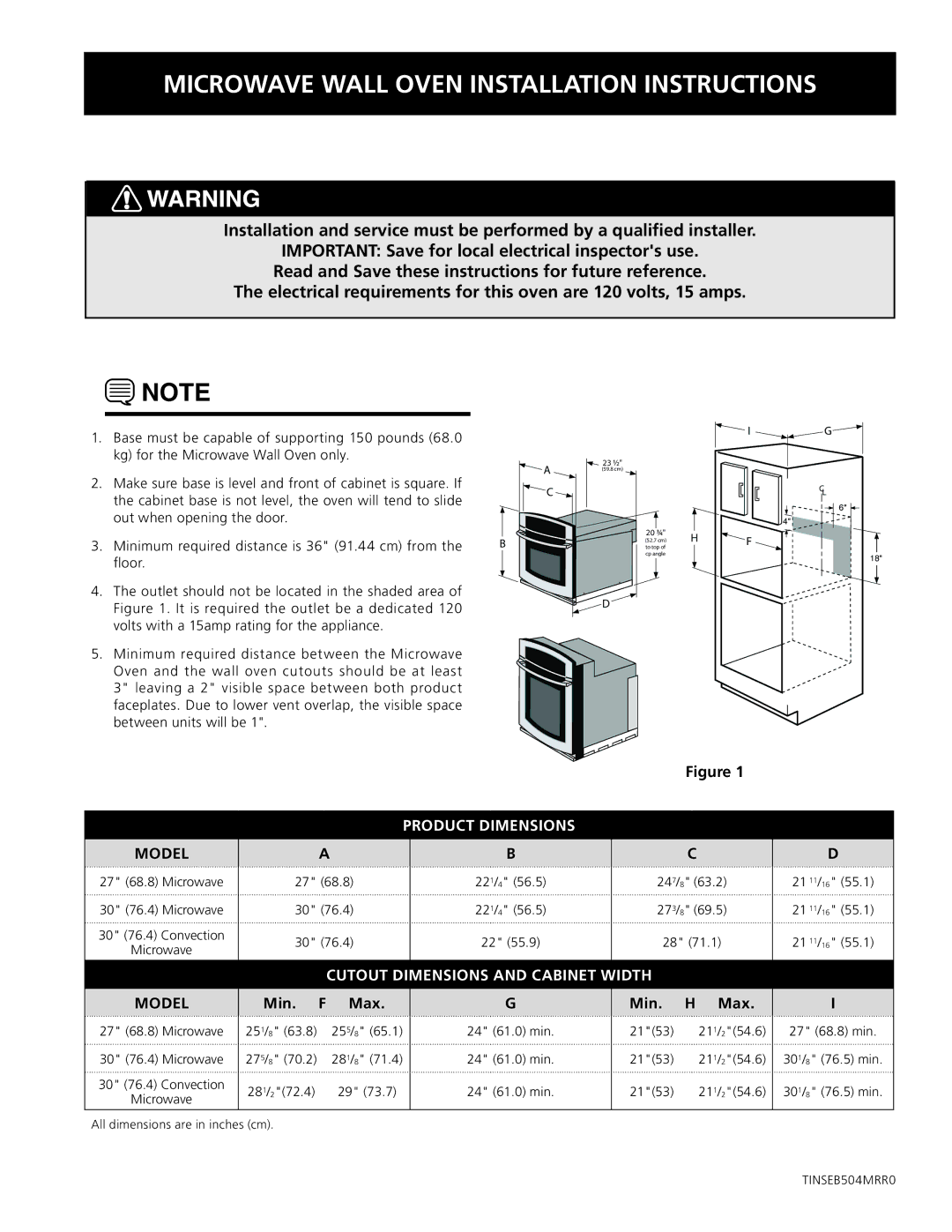 Electrolux TINSEB504MRR0 dimensions Product Dimensions, Model, Cutout Dimensions and Cabinet Width, Min. F Max Min. H Max 