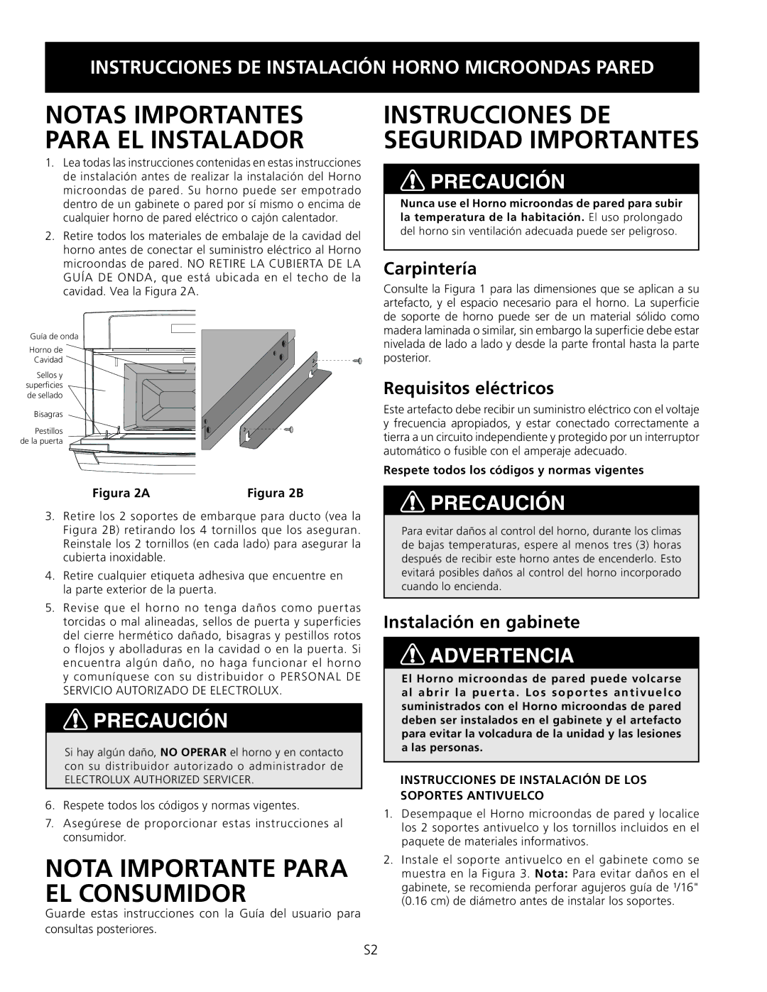 Electrolux TINSEB504MRR0 dimensions Carpintería, Requisitos eléctricos, Instalación en gabinete 