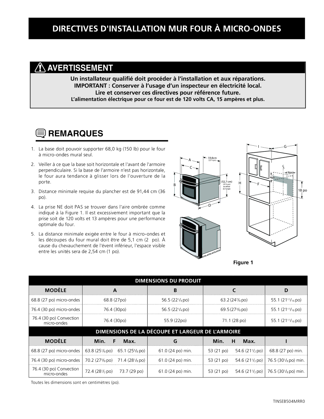 Electrolux TINSEB504MRR0 dimensions Dimensions DU Produit, Modèle, Dimensions DE LA Découpe ET Largeur DE Larmoire 