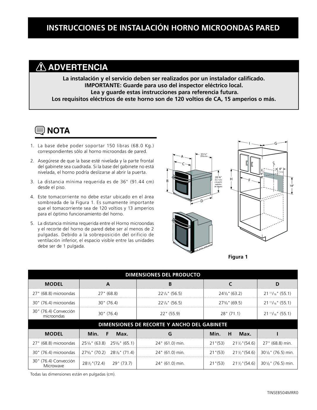 Electrolux TINSEB504MRR0 dimensions Dimensiones DEL Producto, Dimensiones DE Recorte Y Ancho DEL Gabinete 