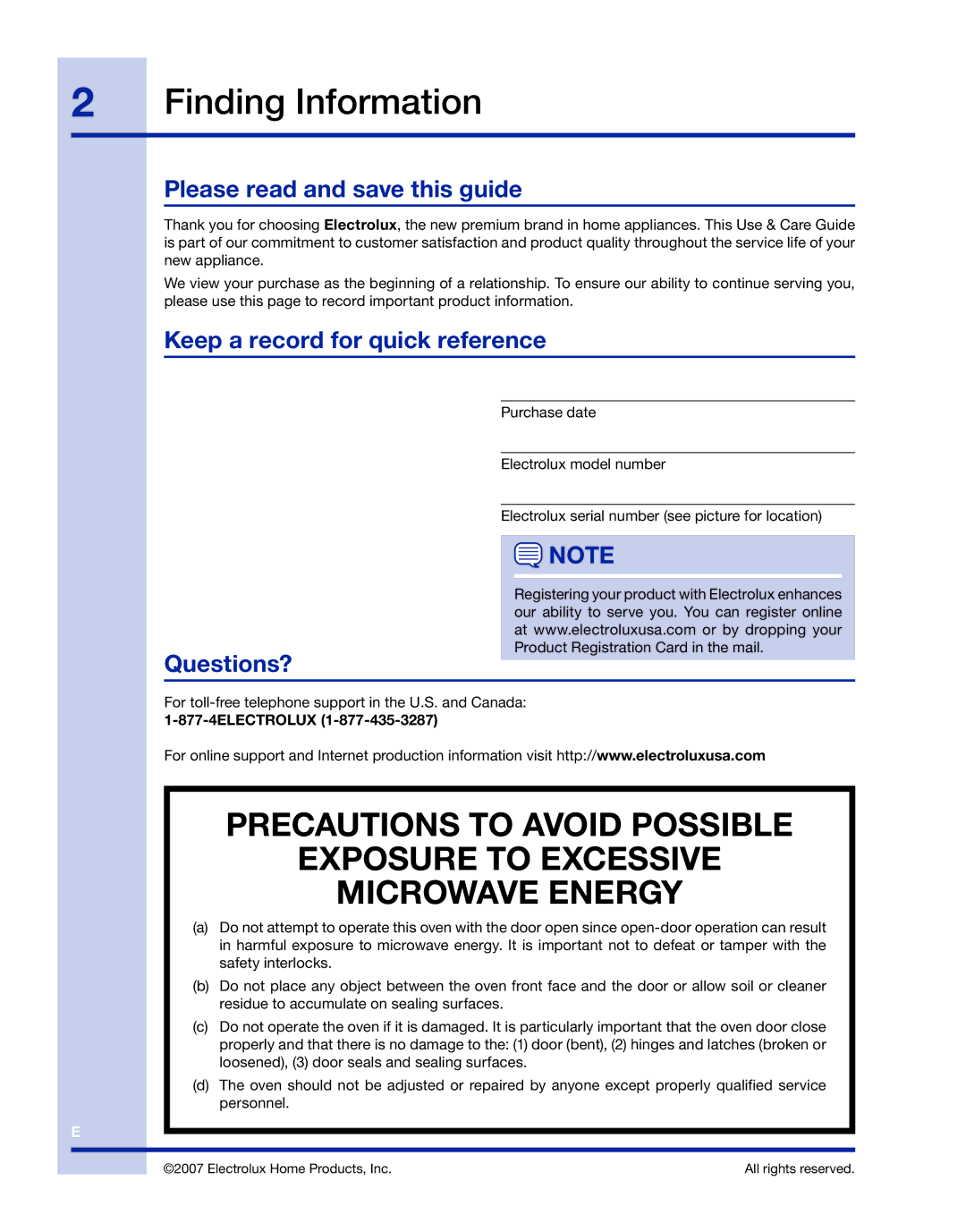 Electrolux TINSLB003MRR0 manual Finding Information, Please read and save this guide, Keep a record for quick reference 