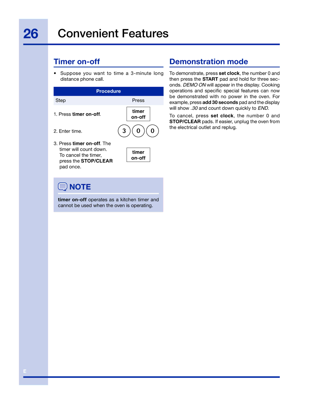 Electrolux TINSLB003MRR0 manual Timer on-off, Demonstration mode, Press timer on-off, Timer On-off 