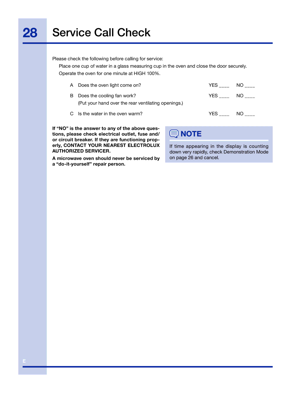 Electrolux TINSLB003MRR0 manual Service Call Check 