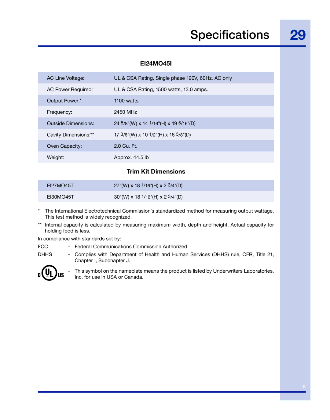 Electrolux TINSLB003MRR0 manual Specifications, Trim Kit Dimensions 