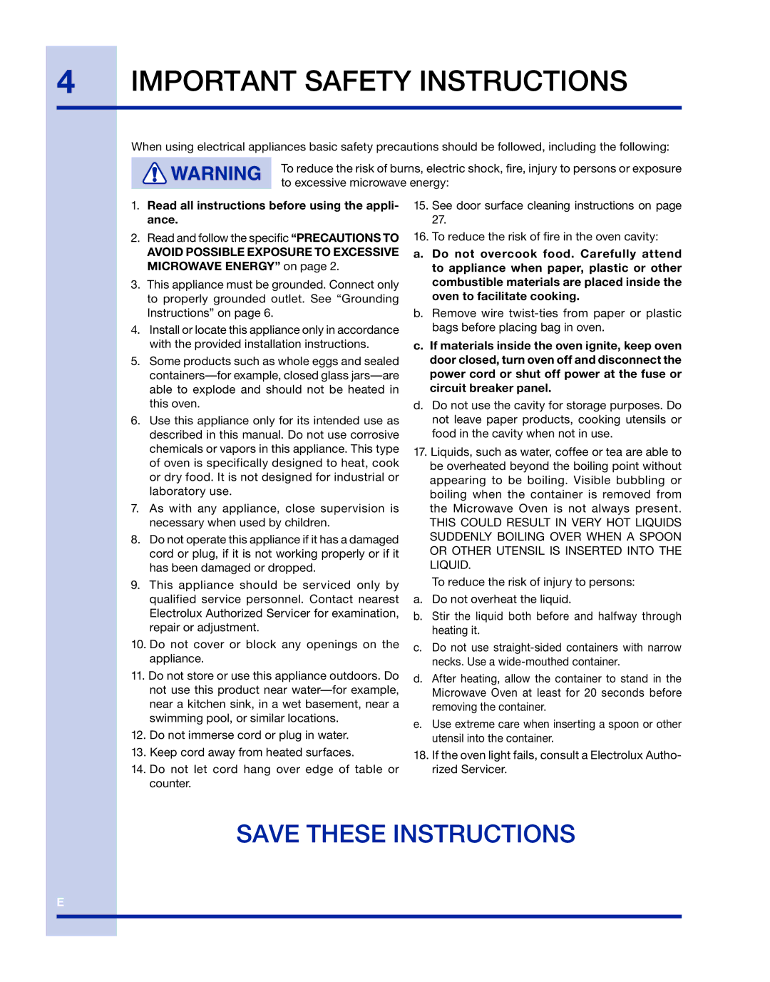 Electrolux TINSLB003MRR0 manual Important Safety Instructions, Avoid Possible Exposure to Excessive Microwave Energy on 