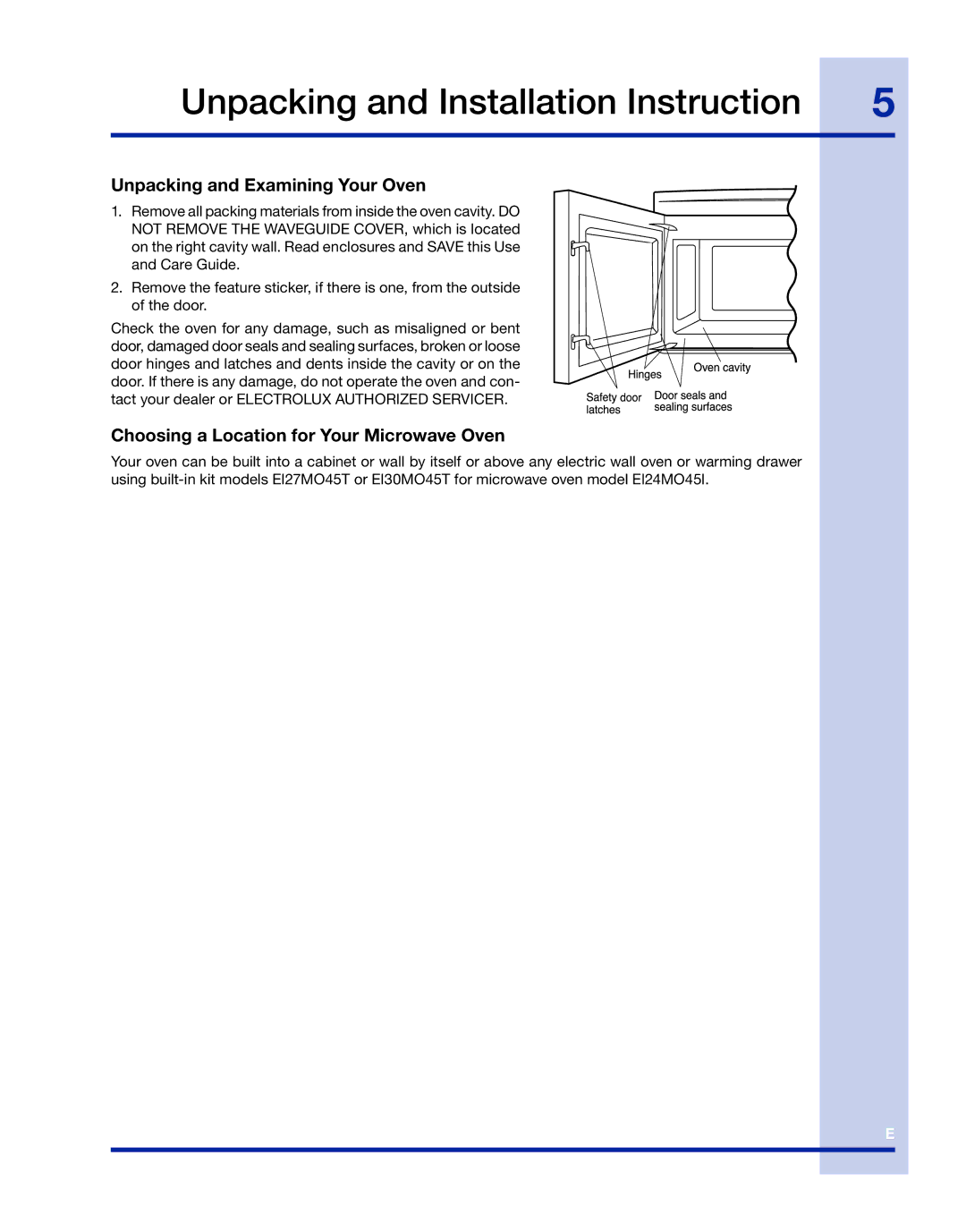 Electrolux TINSLB003MRR0 manual Unpacking and Installation Instruction, Unpacking and Examining Your Oven 