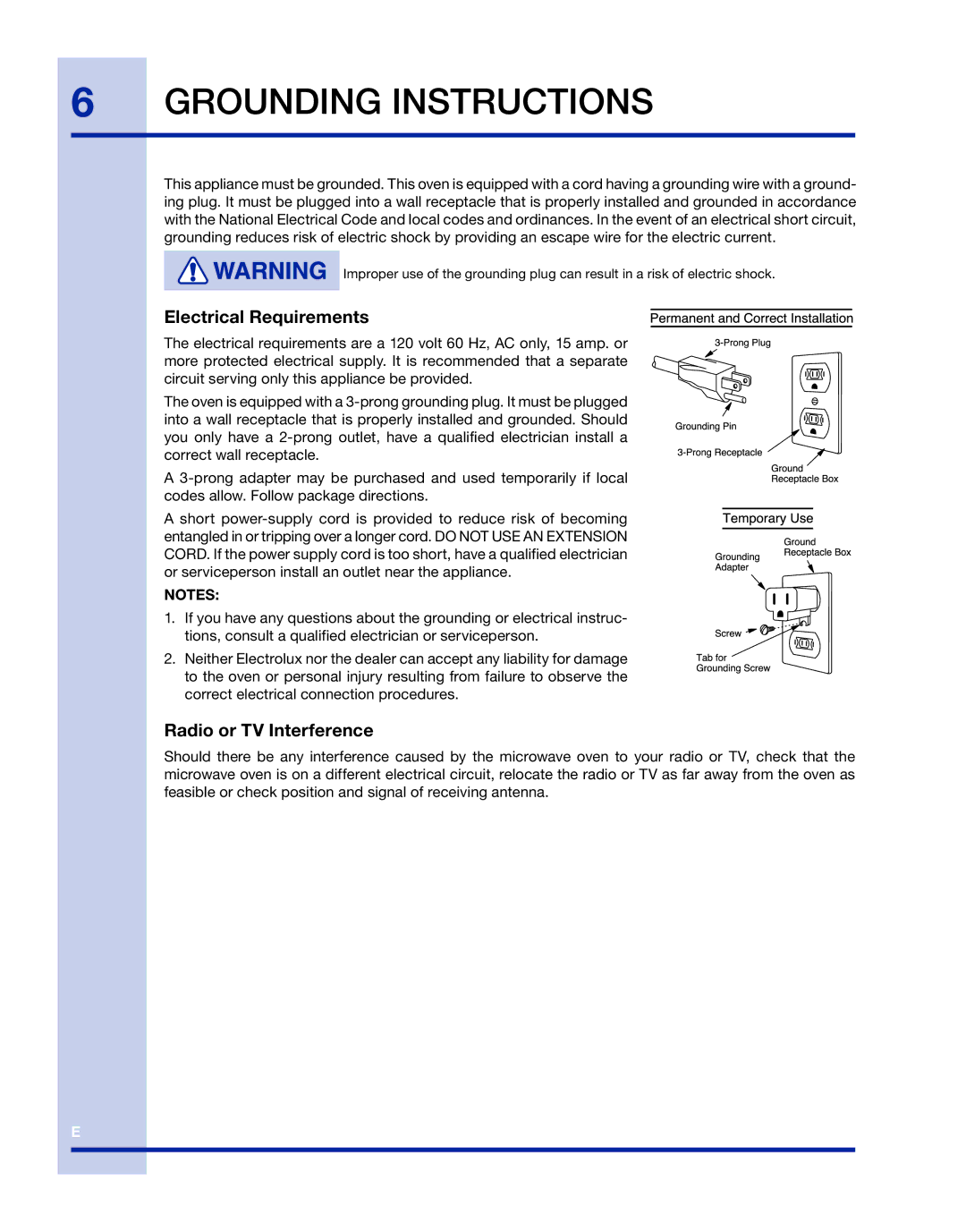 Electrolux TINSLB003MRR0 manual Grounding Instructions, Electrical Requirements, Radio or TV Interference 