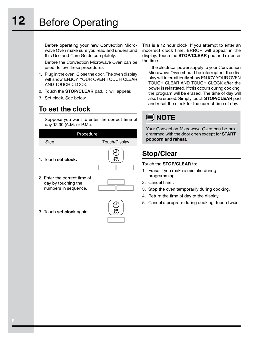 Electrolux TINSLB024MRR0, PN316902496 manual Before Operating, To set the clock, Stop/Clear, Procedure, Touch set clock 