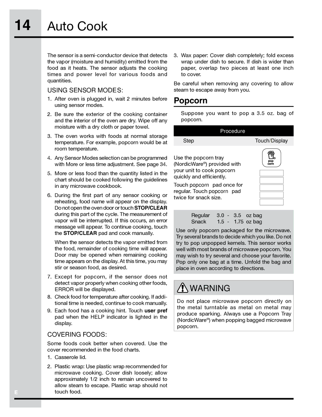 Electrolux TINSLB024MRR0, PN316902496 manual Auto Cook, Popcorn 