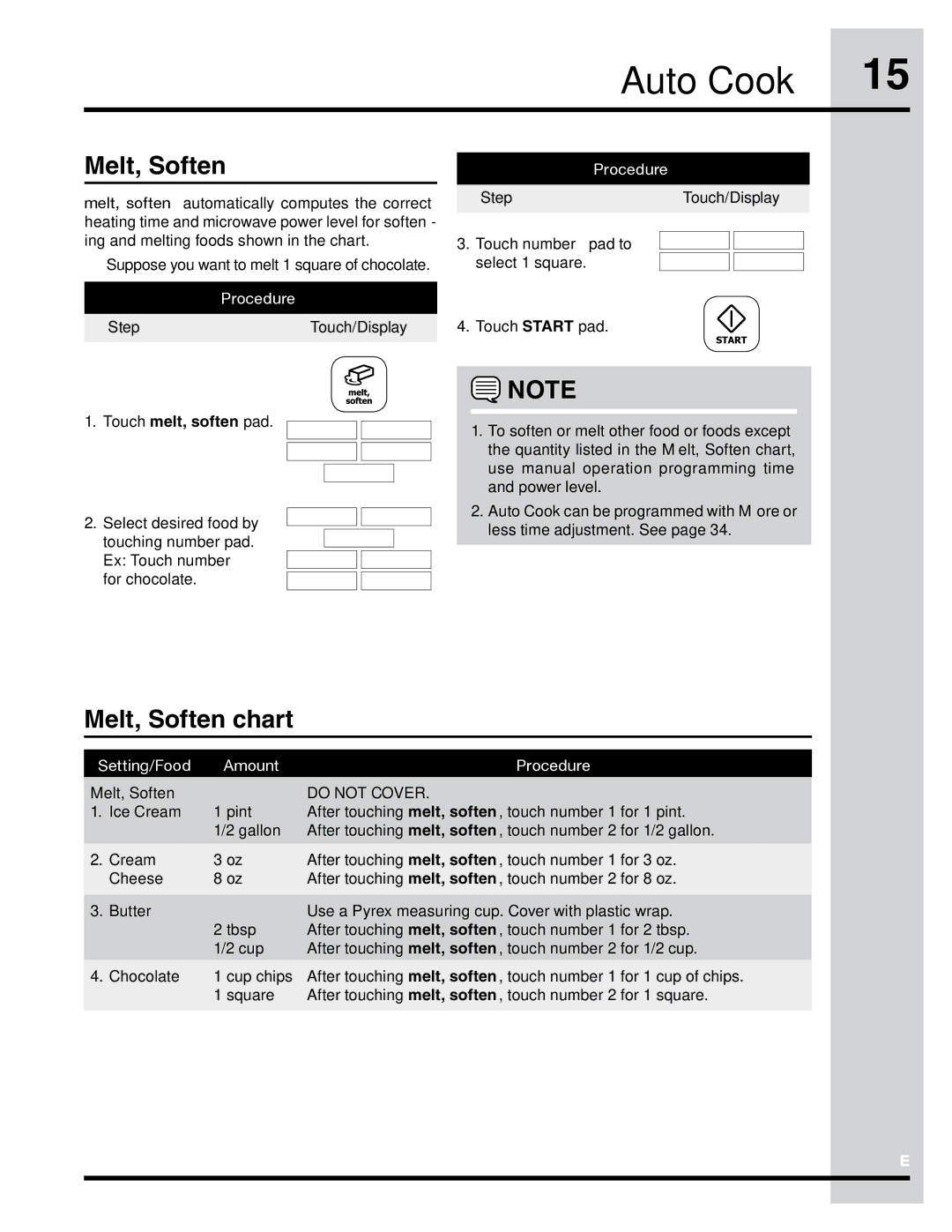 Electrolux PN316902496, TINSLB024MRR0 manual Melt, Soften chart, Setting/Food Amount Procedure 