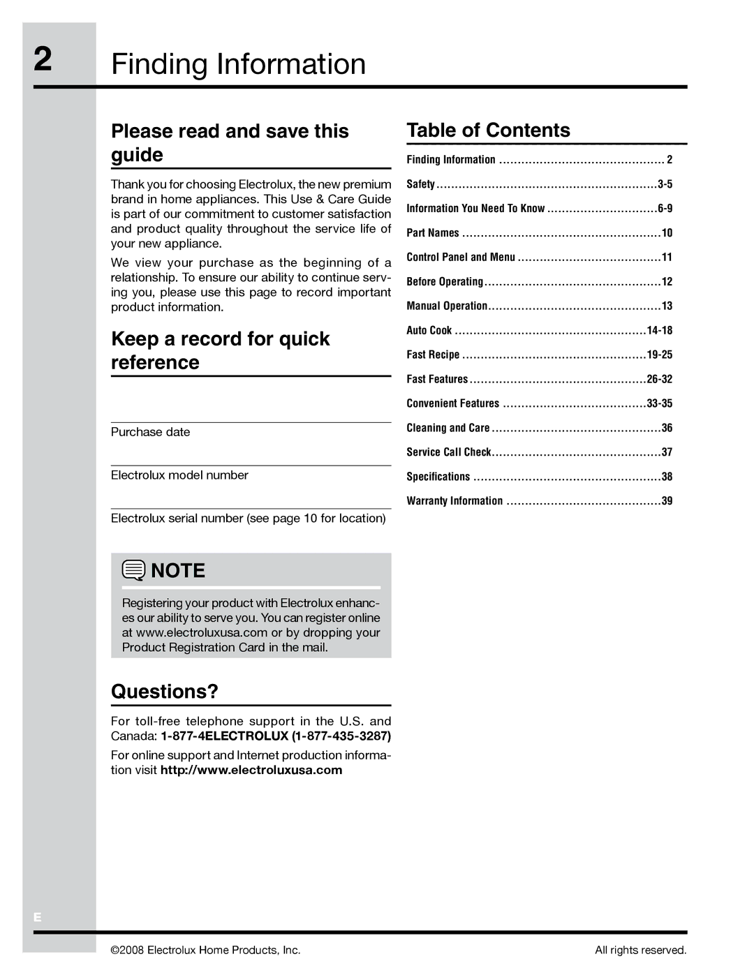 Electrolux TINSLB024MRR0 manual Finding Information, Please read and save this guide, Keep a record for quick reference 