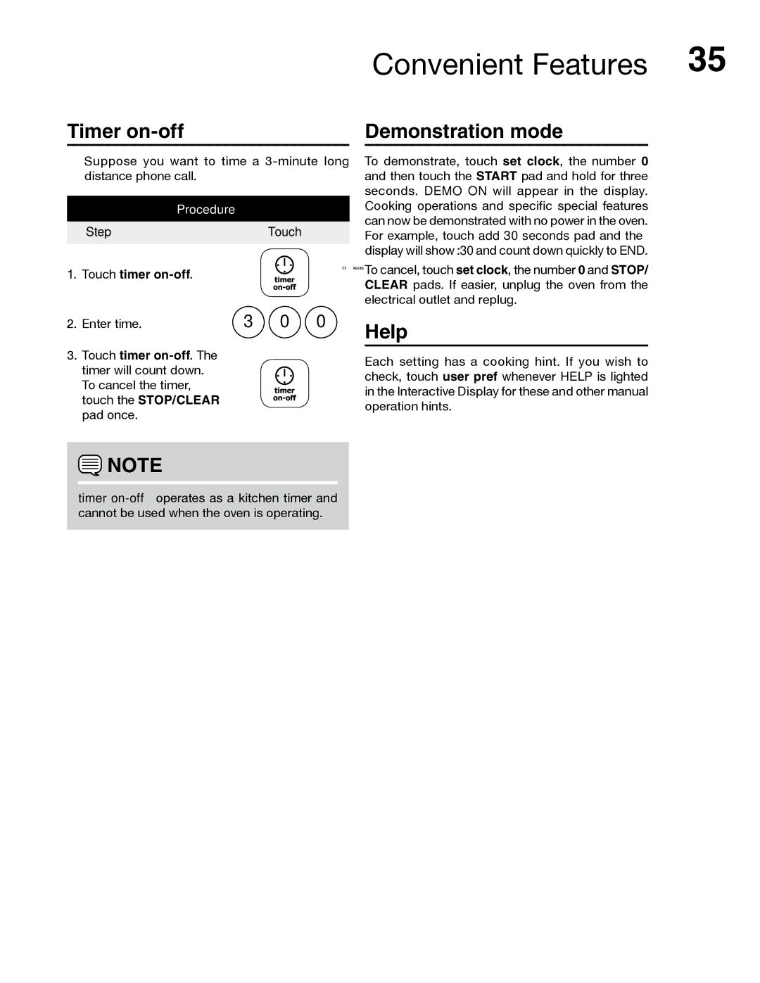 Electrolux PN316902496 manual Timer on-off, Demonstration mode, Help, Touch timer on-off, Touch the STOP/CLEAR pad once 