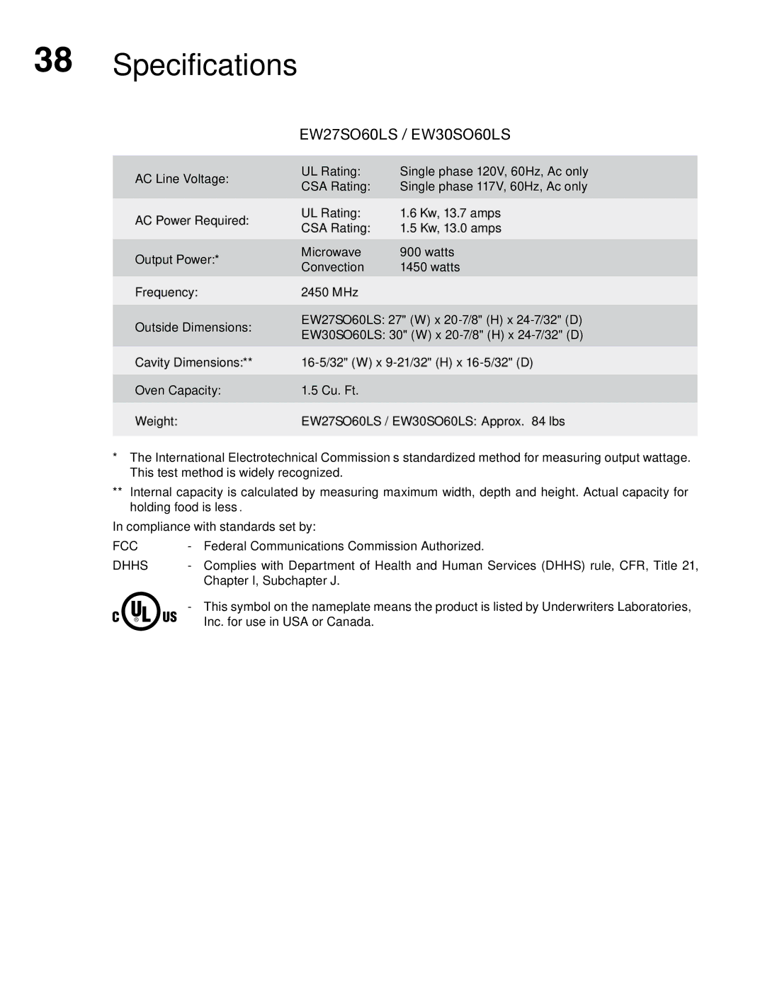 Electrolux TINSLB024MRR0, PN316902496 manual Specifications, EW27SO60LS / EW30SO60LS 