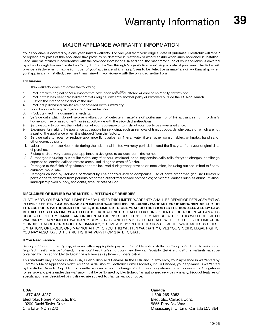 Electrolux PN316902496, TINSLB024MRR0 manual Major Appliance Warranty Information 