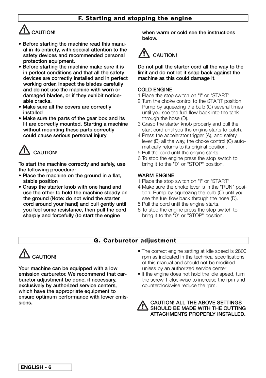 Electrolux HG 50, TIVOLI 65 / HG 65 Starting and stopping the engine, Carburetor adjustment, Cold Engine, Warm Engine 