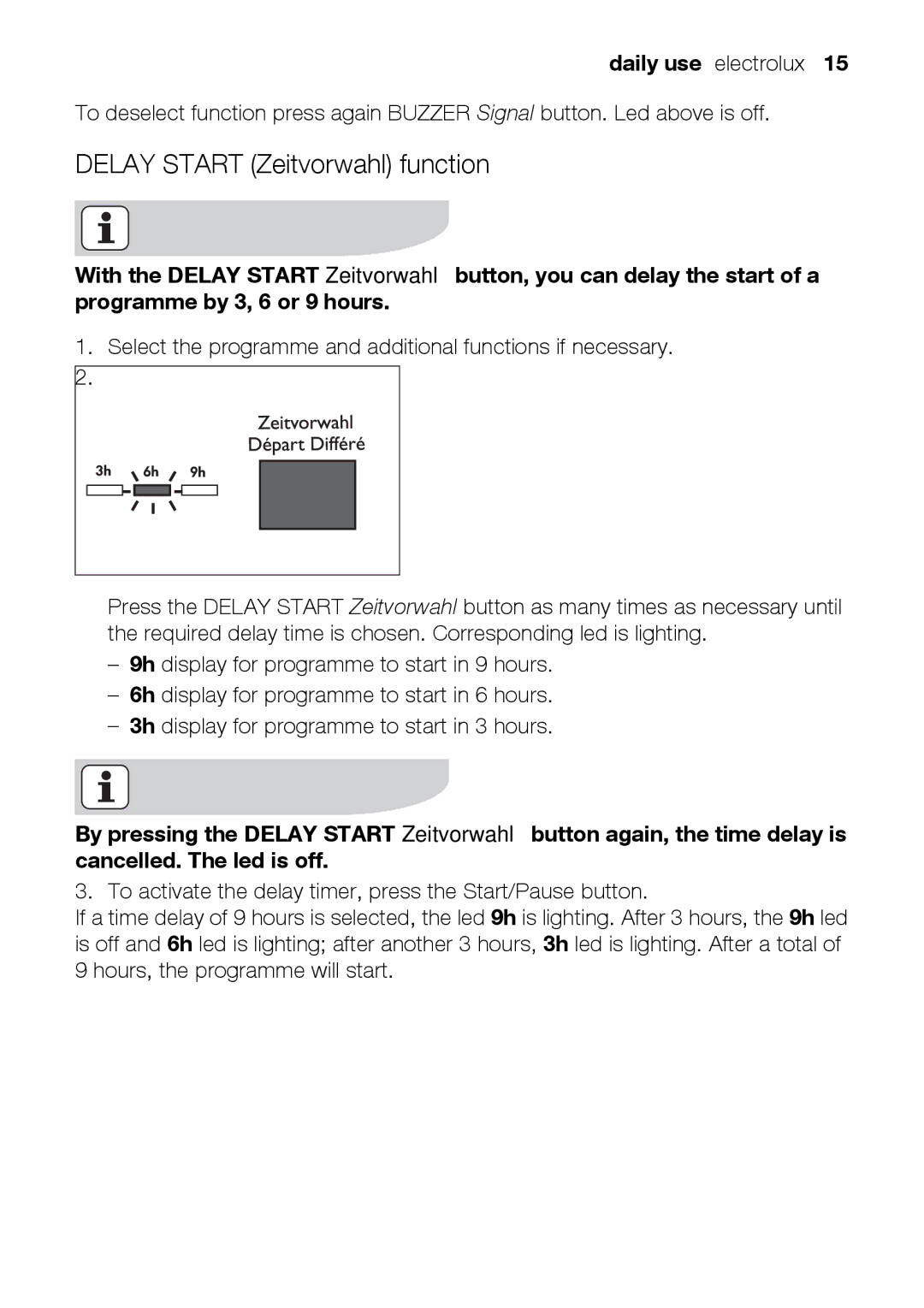 Electrolux TK K2 E user manual Delay Start Zeitvorwahl function 