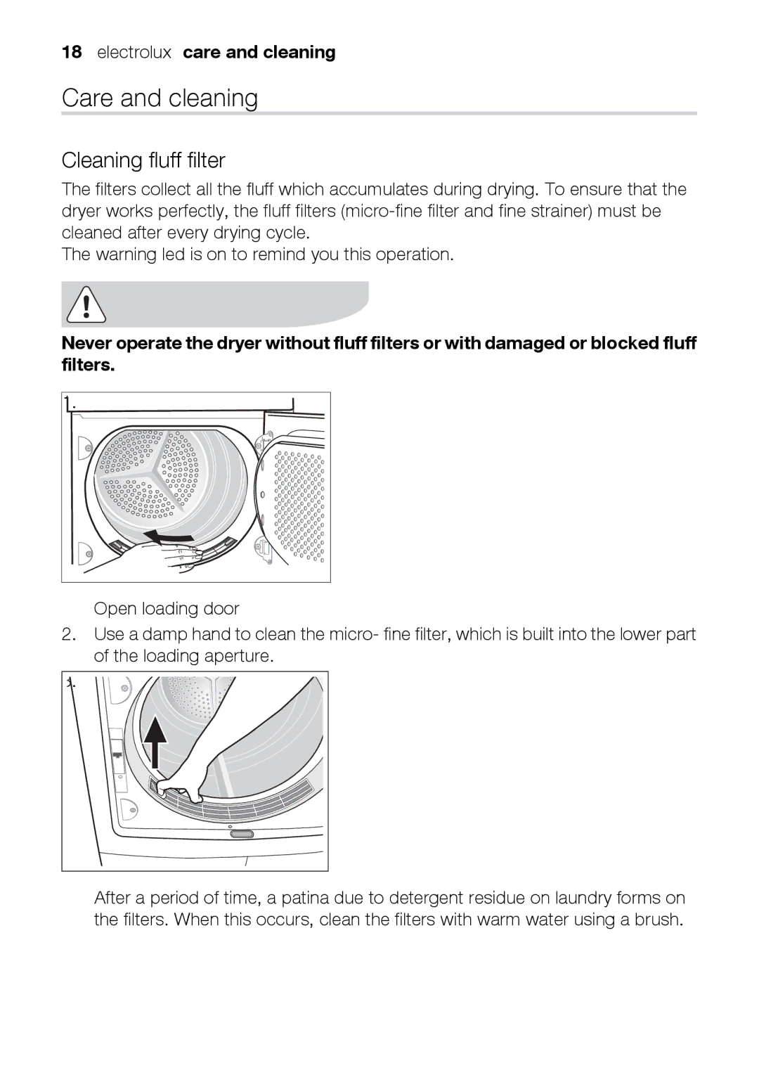 Electrolux TK K2 E user manual Care and cleaning, Cleaning fluff filter, Electrolux care and cleaning 