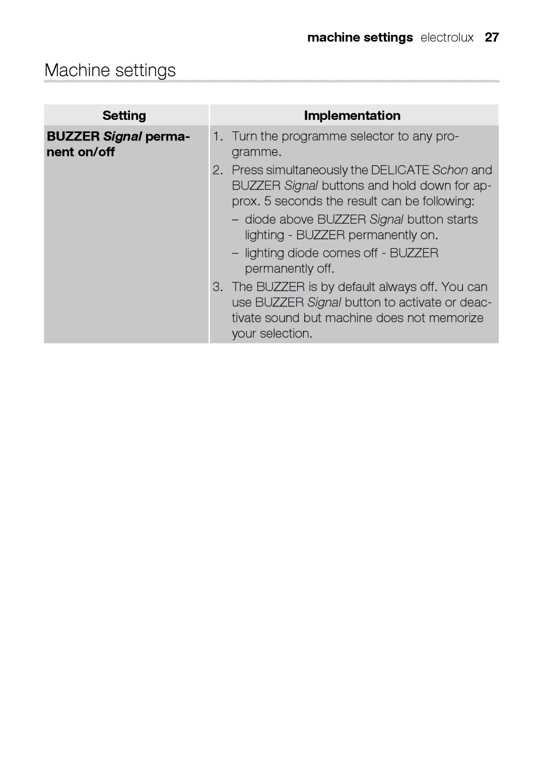 Electrolux TK K2 E user manual Machine settings electrolux, Setting Buzzer Signal perma- nent on/off Implementation 