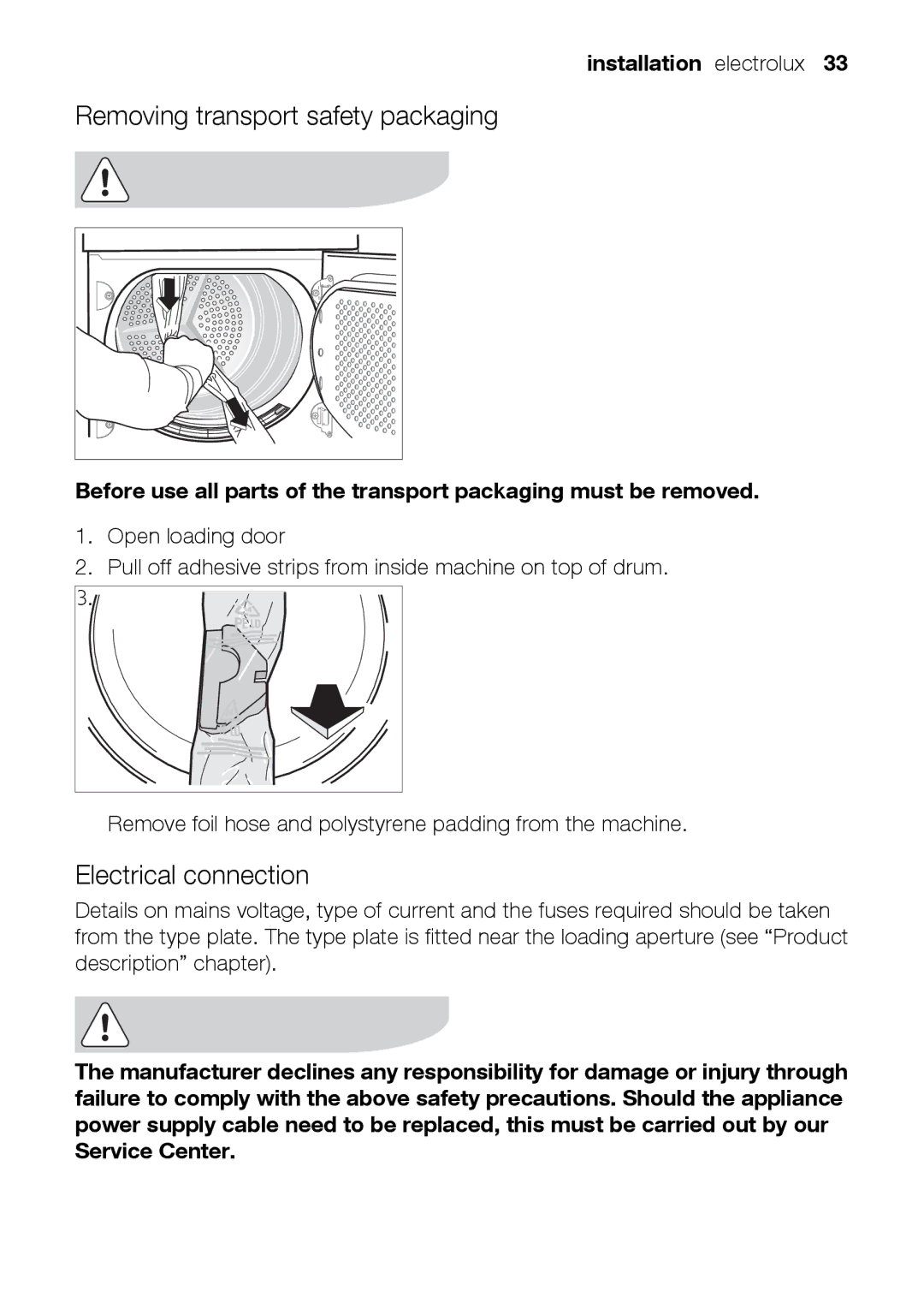 Electrolux TK K2 E user manual Removing transport safety packaging, Electrical connection, Installation electrolux 