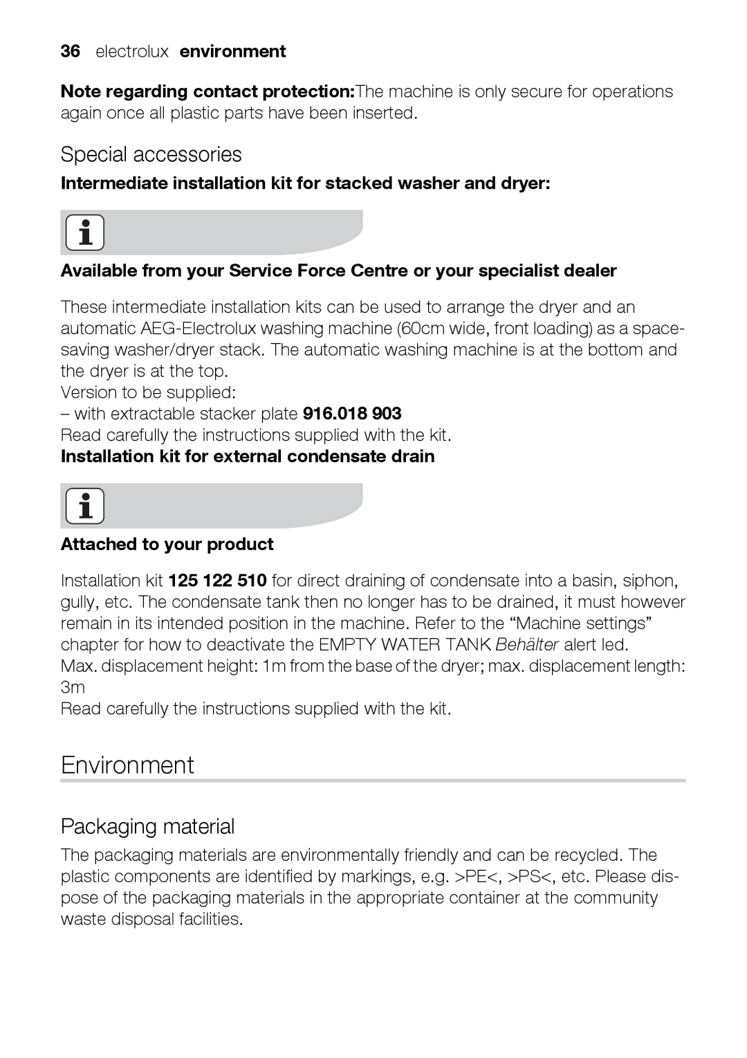 Electrolux TK K2 E user manual Environment, Special accessories, Packaging material, Electrolux environment 