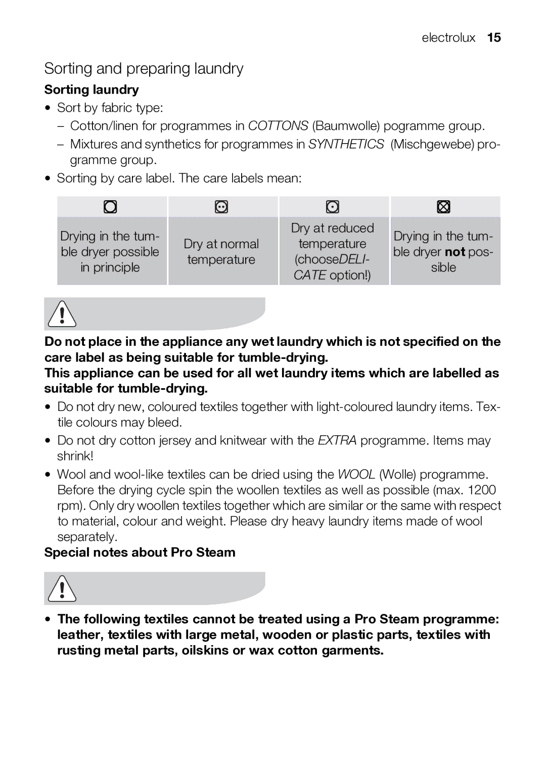 Electrolux TK SL5 E user manual Sorting and preparing laundry, Sorting laundry 