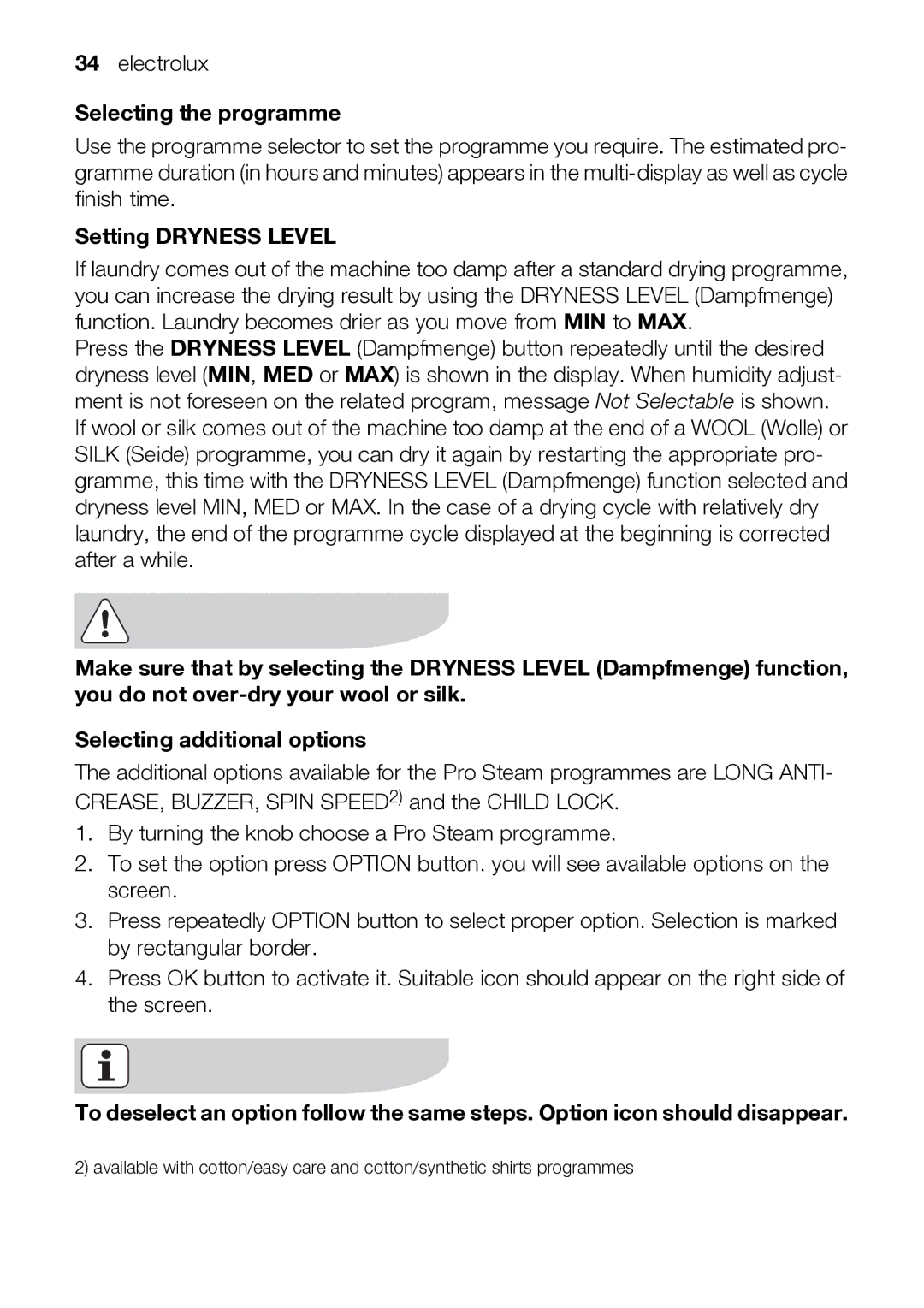 Electrolux TK SL5 E user manual Selecting the programme, Setting Dryness Level 