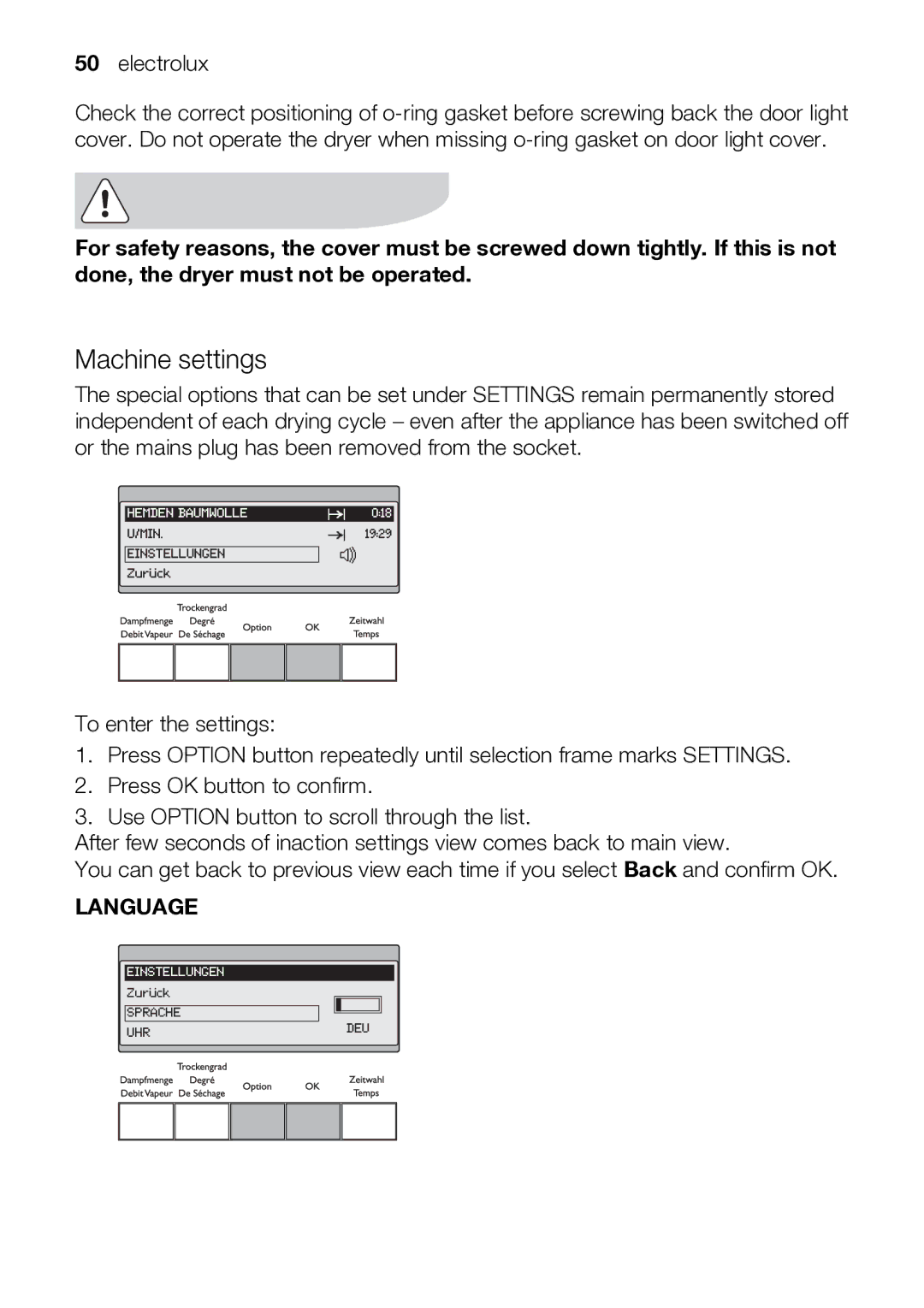 Electrolux TK SL5 E user manual Machine settings, Language 