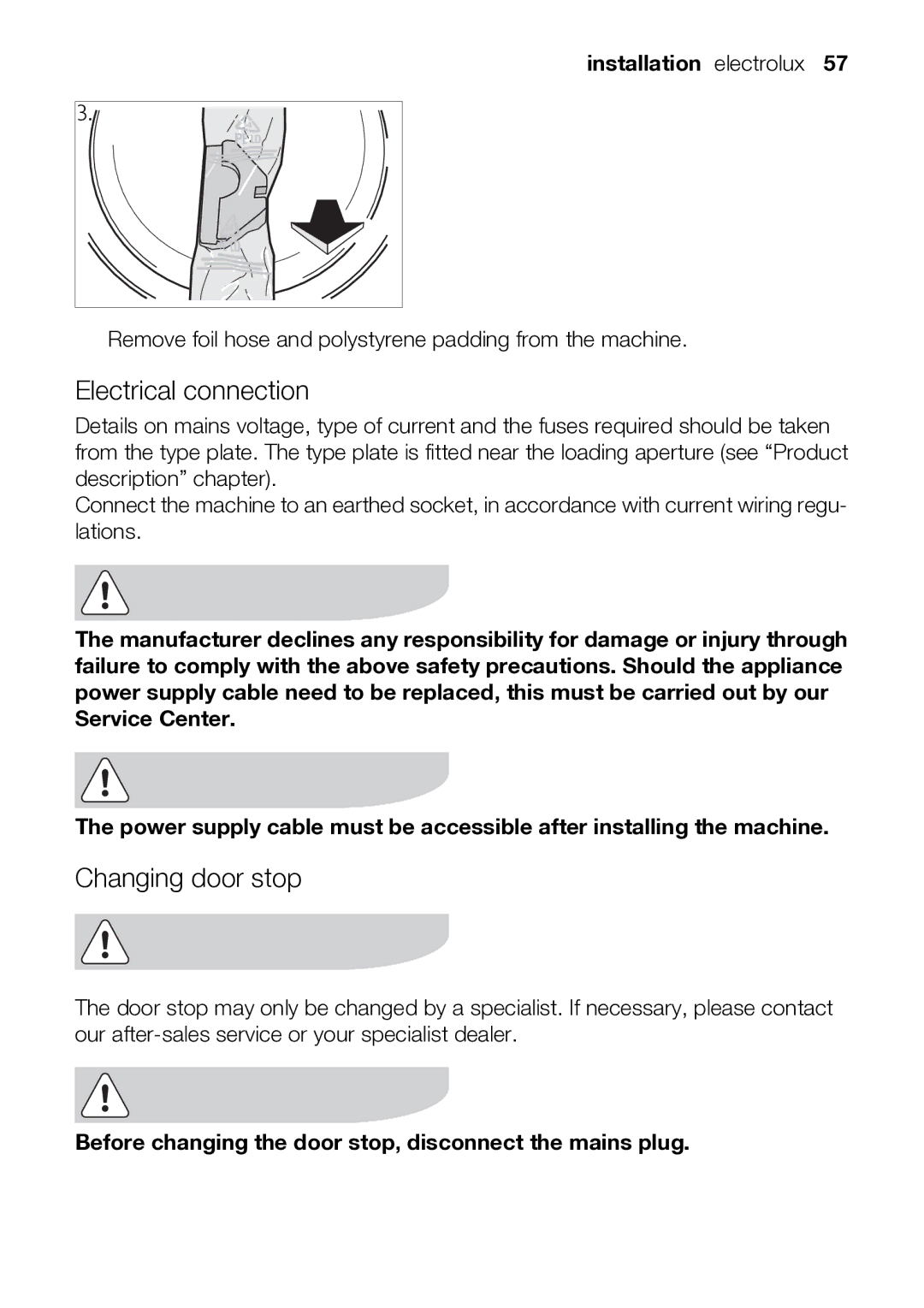 Electrolux TK SL5 E user manual Electrical connection, Changing door stop, Installation electrolux 