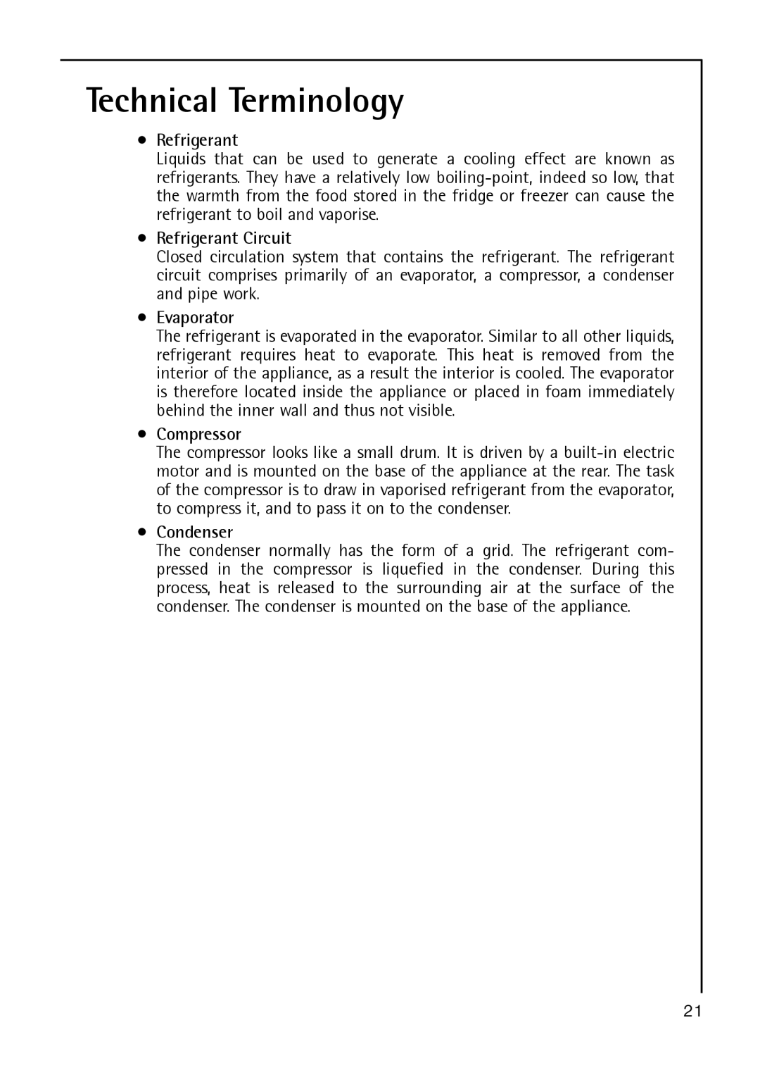 Electrolux S 70170, TK38 manual Technical Terminology, Refrigerant Circuit, Evaporator, Compressor, Condenser 