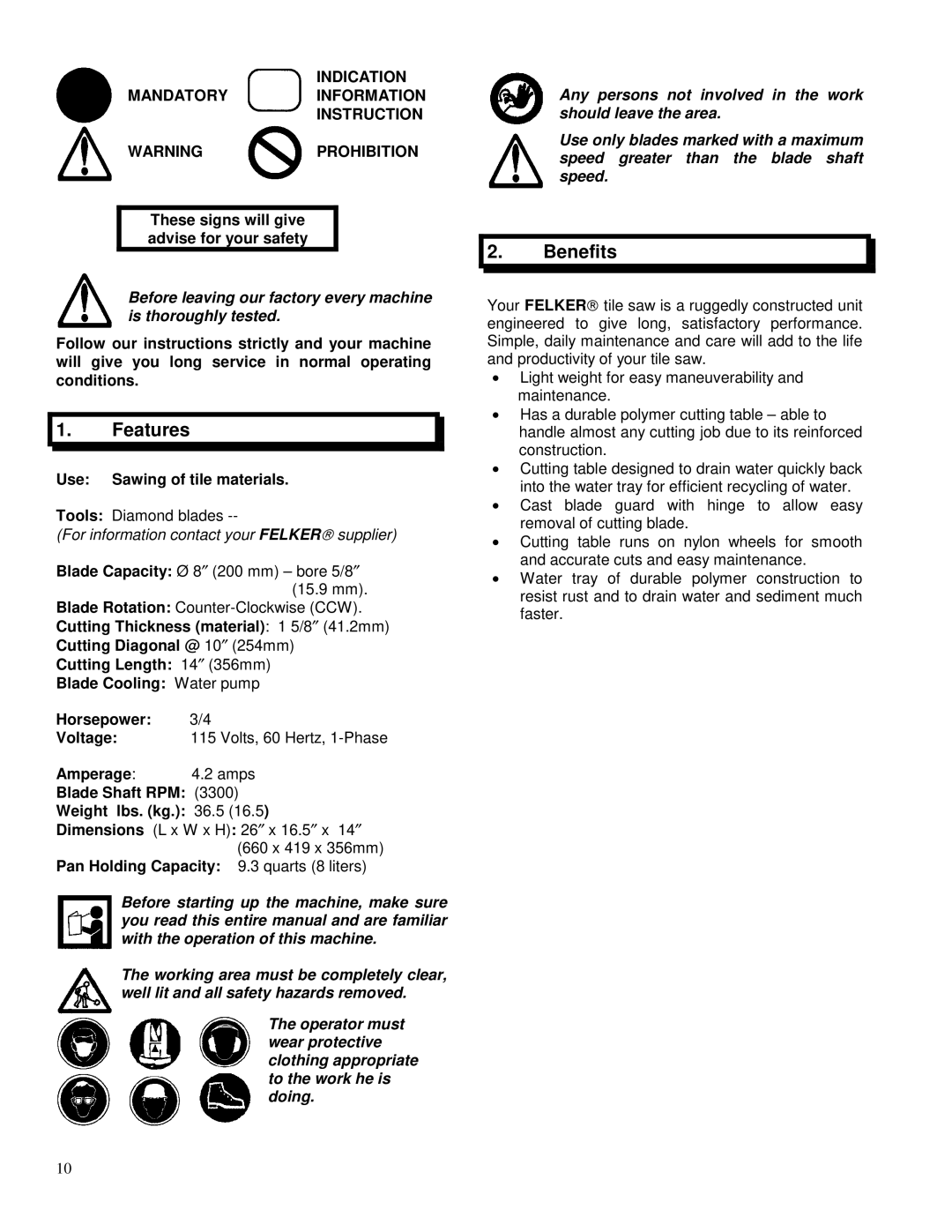 Electrolux TM-75 operating instructions Features, Benefits, Indication Mandatoryinformation Instruction 